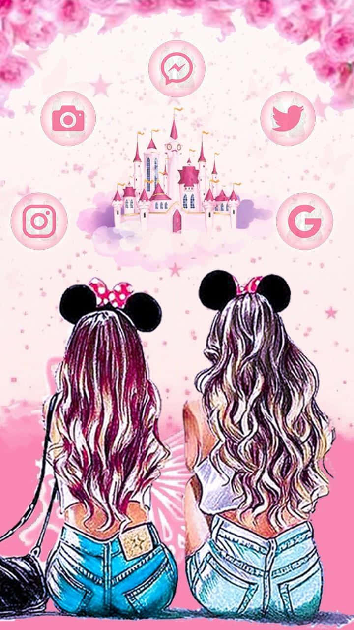 Friendship 桌布 壁紙 — 兩個戴著米妮老鼠耳朵的女孩凝視著一座粉紅色城堡，周圍環繞著社交媒體圖標和花卉邊框。