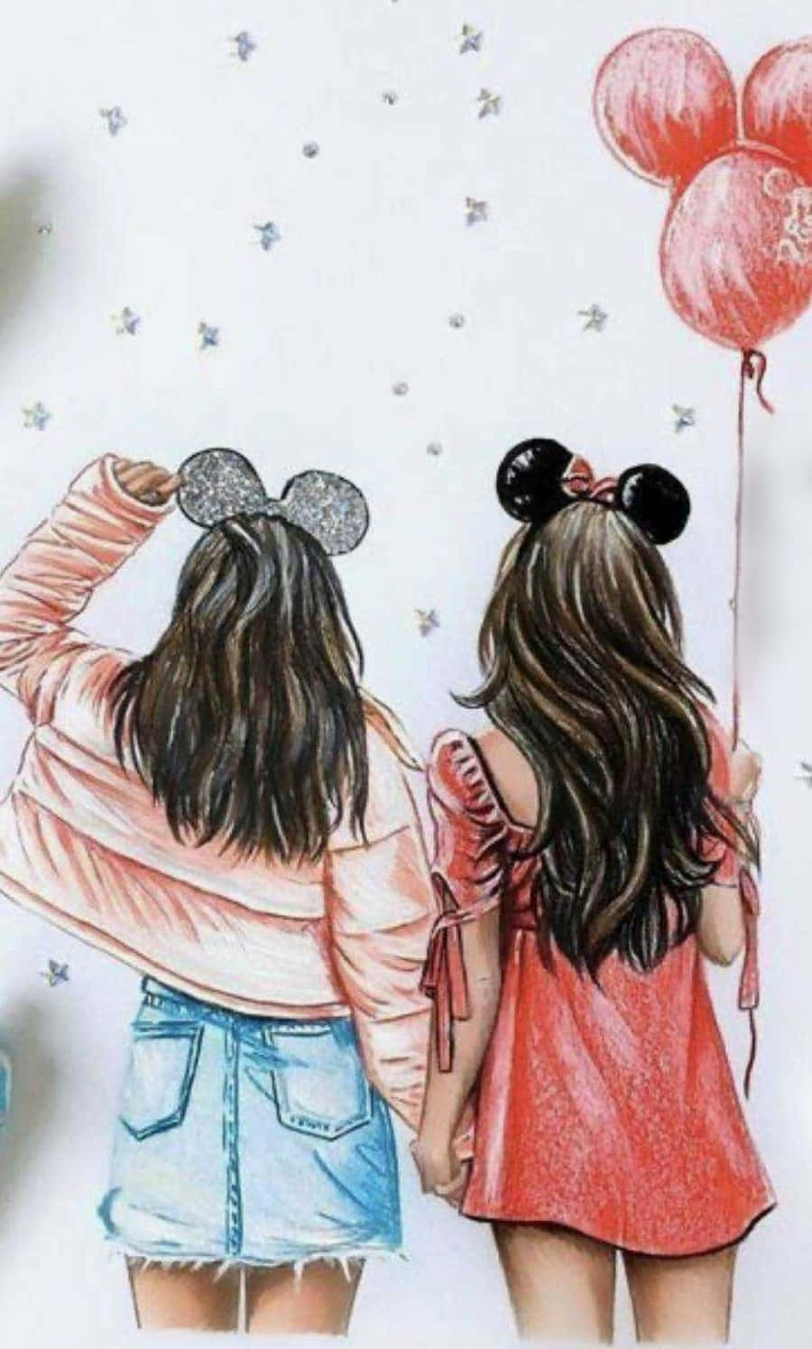 Friends 桌布 壁紙 — 兩個戴著米妮老鼠耳朵的女孩手牽手，仰望紅色氣球和散落的星星，以柔和粉彩繪製。
