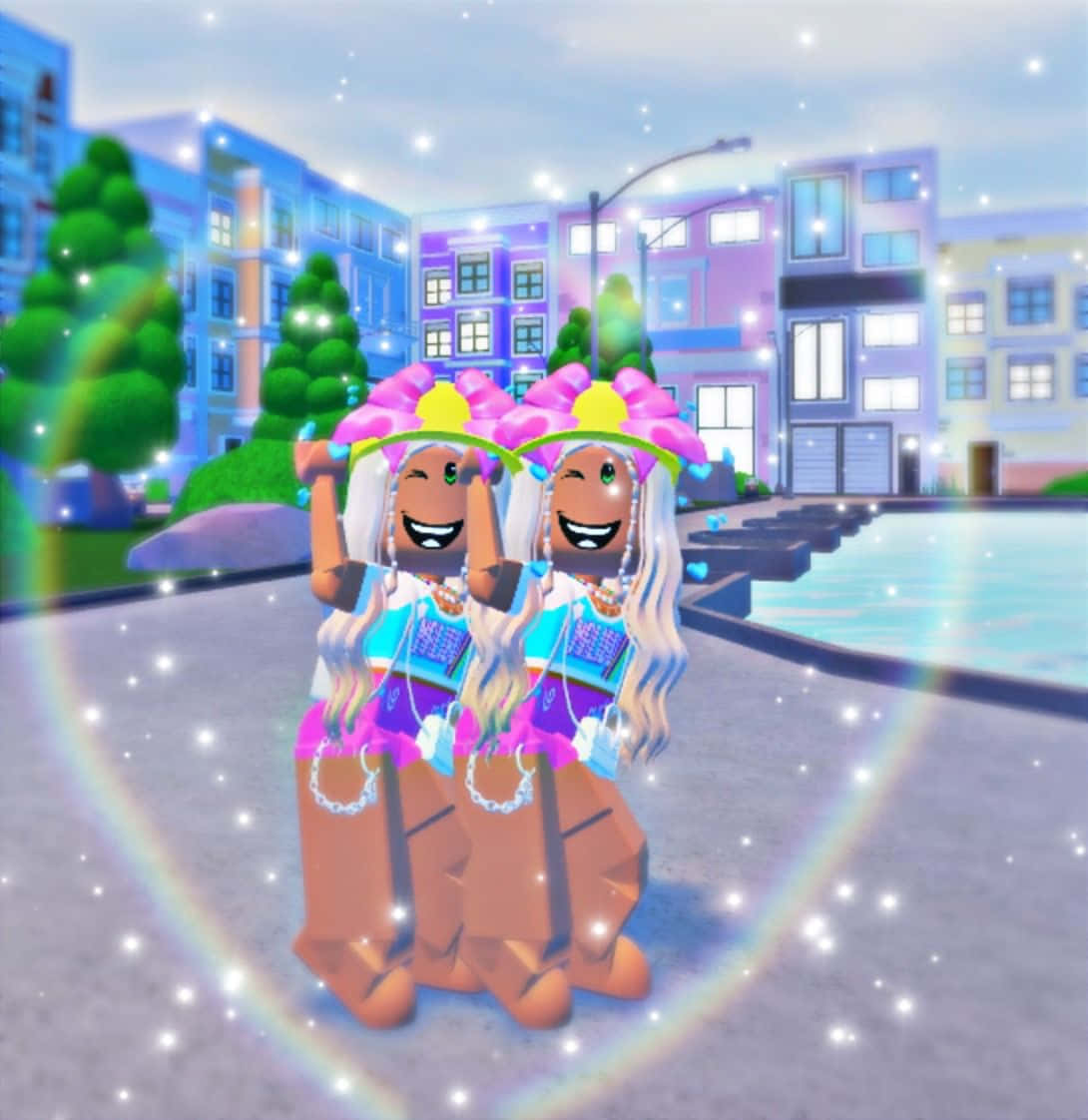 Roblox 桌布 壁紙 — 兩個戴著粉紅色花帽的快樂Roblox角色在暮色中的柔和色調城市景觀中，在發光的彩虹下跳舞。