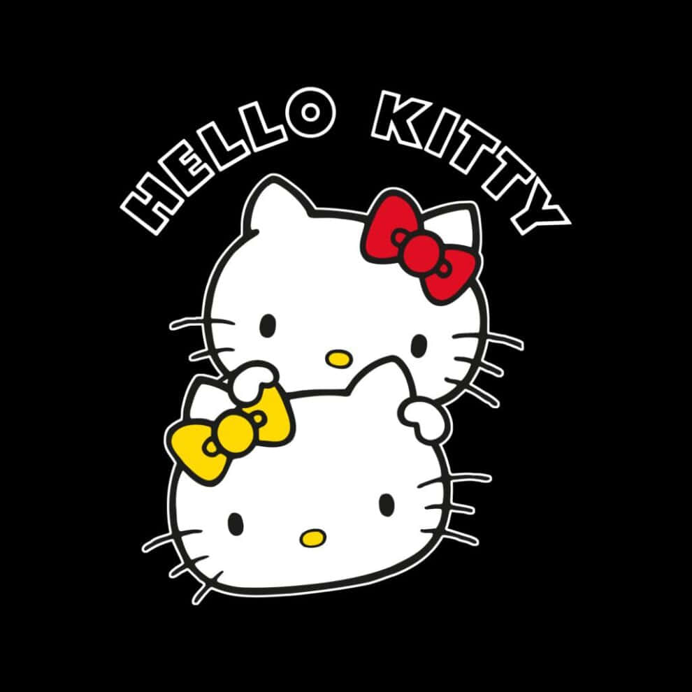 Mimmy White 桌布 壁紙 — 兩個戴著紅色和黃色蝴蝶結的Hello Kitty角色出現在黑色背景上，帶有白色輪廓文字。