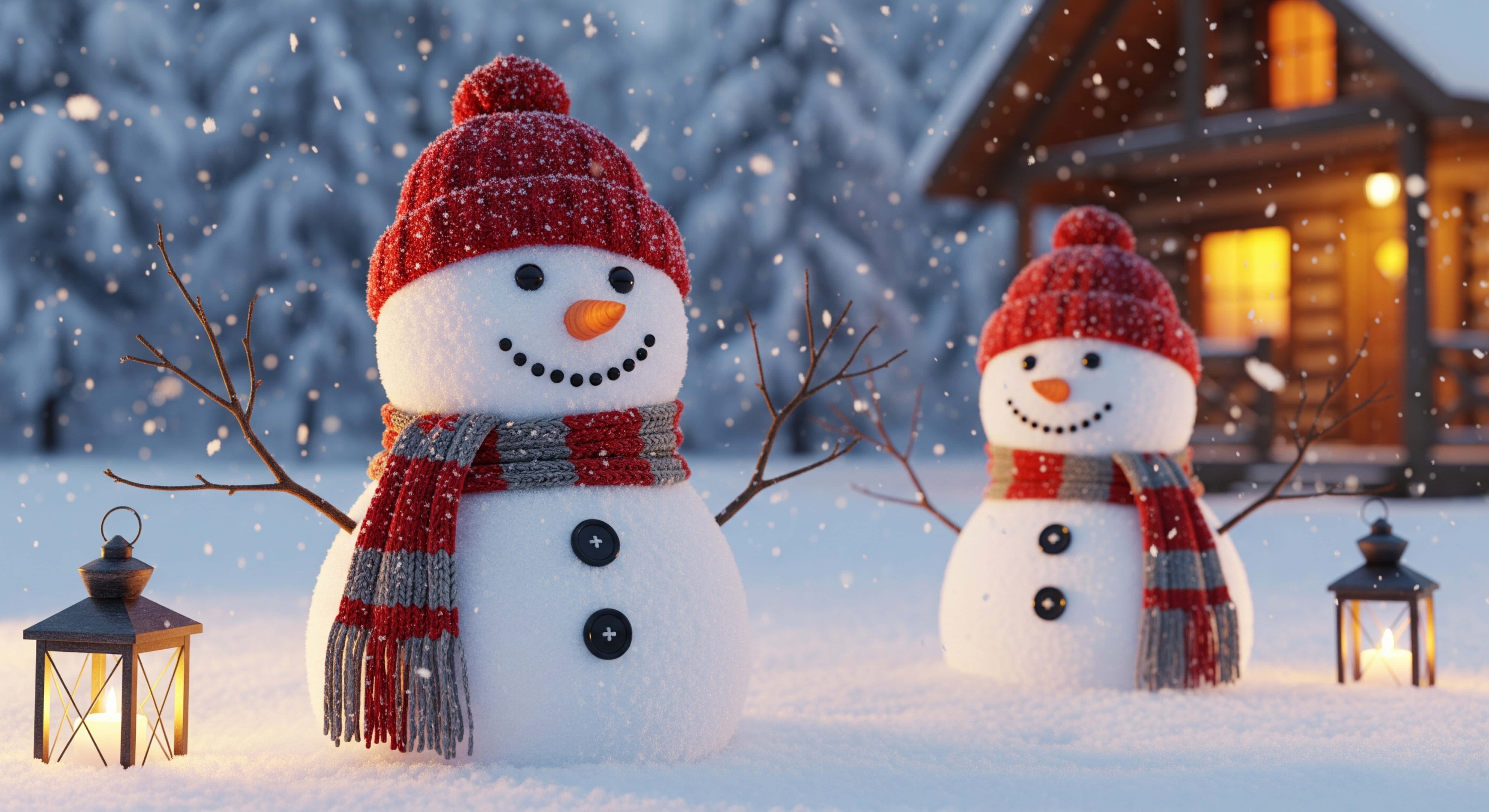 Merry Christmas Aesthetic 桌布 壁紙 — 兩個戴著紅色帽子和圍巾的快樂雪人站在雪地庭院中，旁邊是發光的燈籠，背景是一座舒適的小木屋。