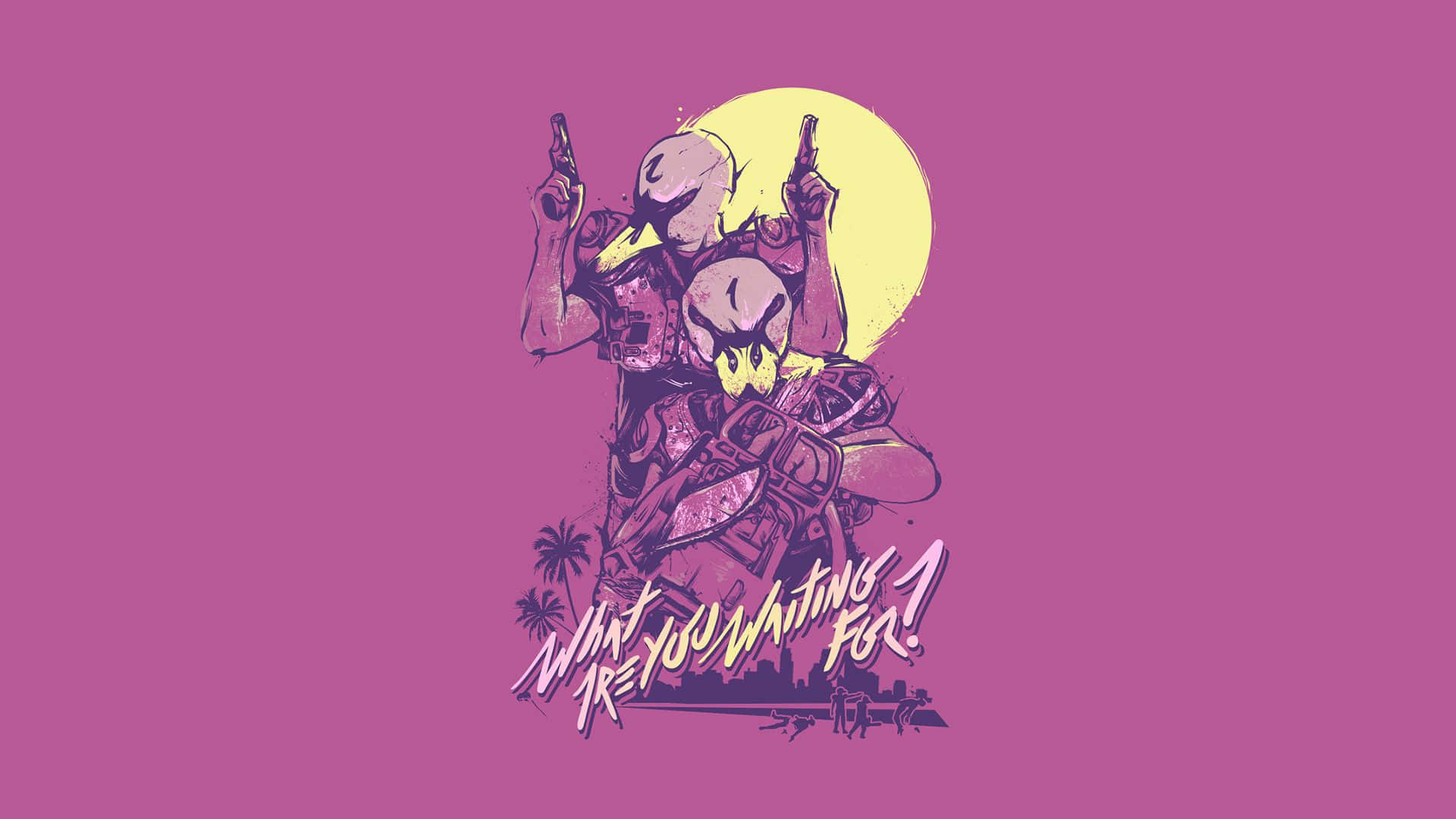 Hotline Miami 桌布 壁紙 — 兩個戴著紫色面具的人物在洋紅色背景上，以黃色太陽為背景，手持槍枝擺姿勢，背景有棕櫚樹和文字。