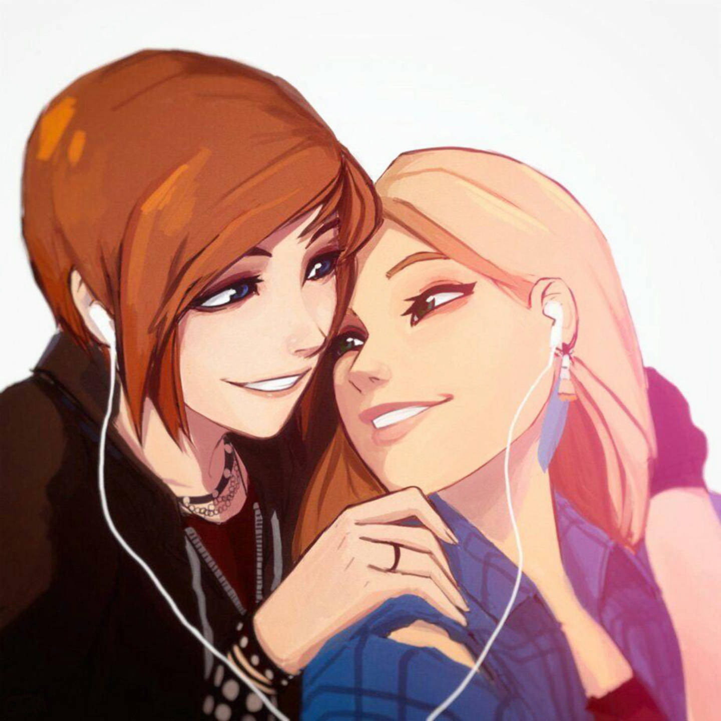 Anime Lesbian 桌布 壁紙 — 兩個戴著耳機的動漫女孩微笑著，在柔和的白色背景前溫暖地擁抱。