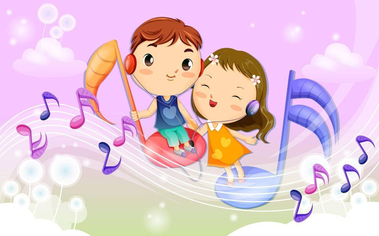 Cute Love 桌布 壁紙 — 兩個戴著耳機的微笑孩子騎著巨大的音符穿過充滿浮動泡泡和旋轉旋律的粉彩天空。