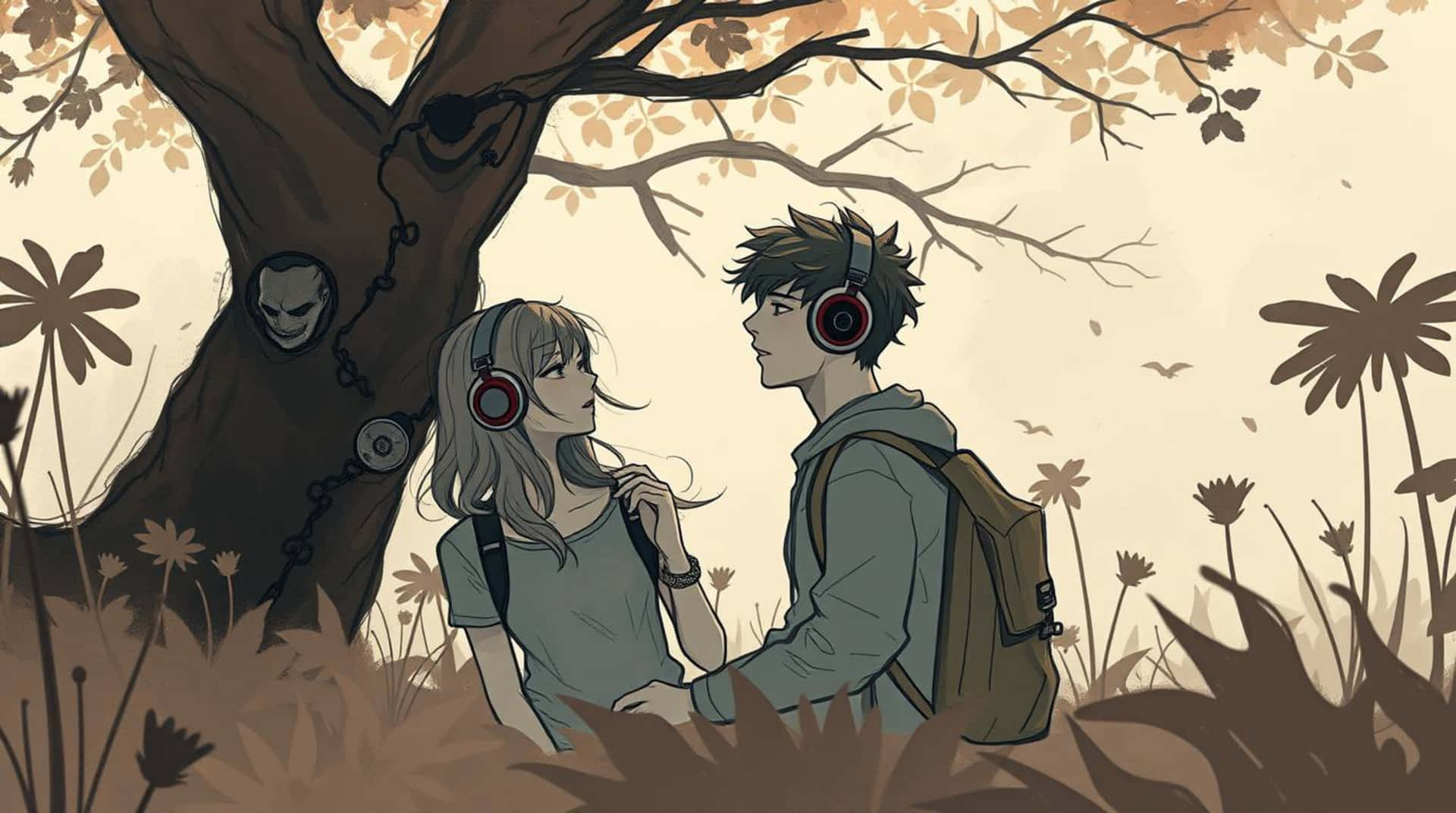 Young couple sharing headphones, lost in a moment under a stylized tree, creating connection and int 壁紙 — 兩個戴著耳機的青少年在樹下共享寧靜時刻，秋葉在他們周圍飄落。
