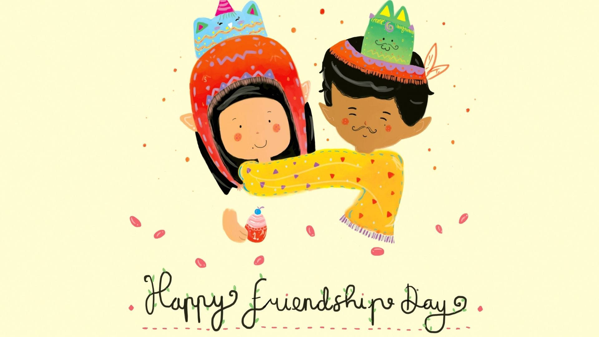 Friendship Day 桌布 壁紙 — 兩個戴著色彩繽紛動物帽子的微笑孩子在飄落的花瓣中分享一個杯子蛋糕，慶祝友誼日。