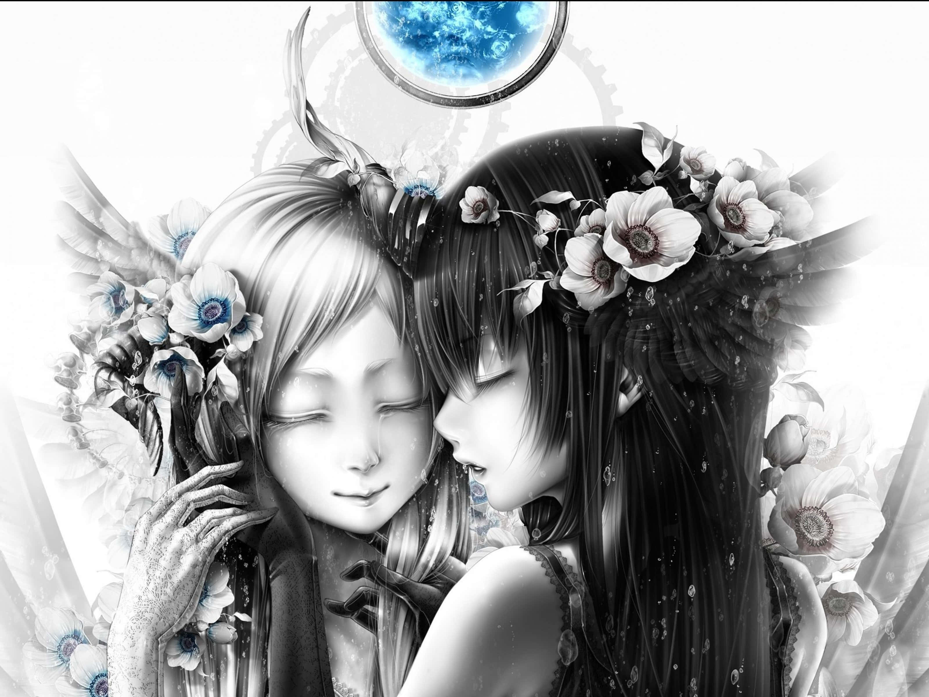 Beautiful Sad Anime 桌布 壁紙 — 兩個戴著花冠和天使翅膀的動漫女孩在發光的藍色月亮下溫柔地擁抱。
