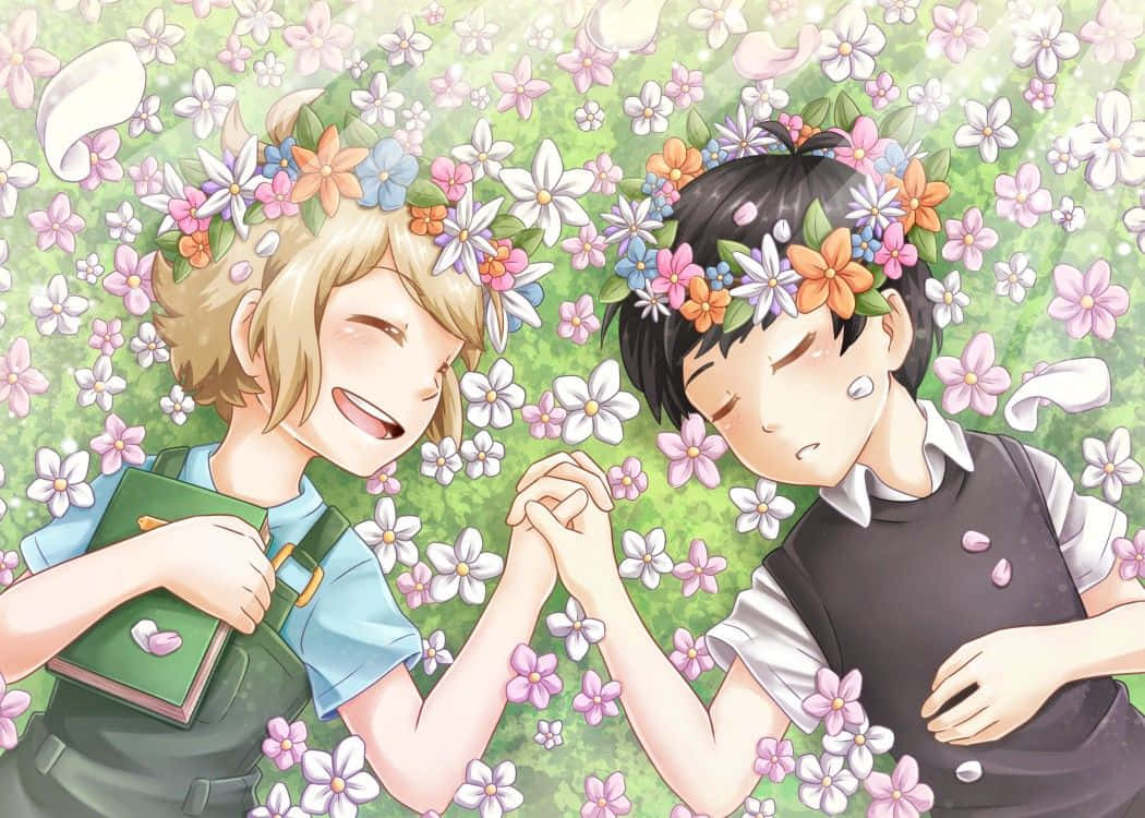 Friendship 桌布 壁紙 — 兩個戴著花冠的動漫男孩在充滿活力的春天草地上，在花瓣雨中牽手。