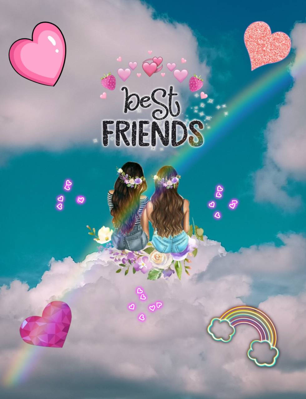 Bff 桌布 壁紙 — 兩個戴著花冠的女孩坐在彩虹下的雲朵上，心形和草莓在「最好的朋友」文字周圍漂浮。