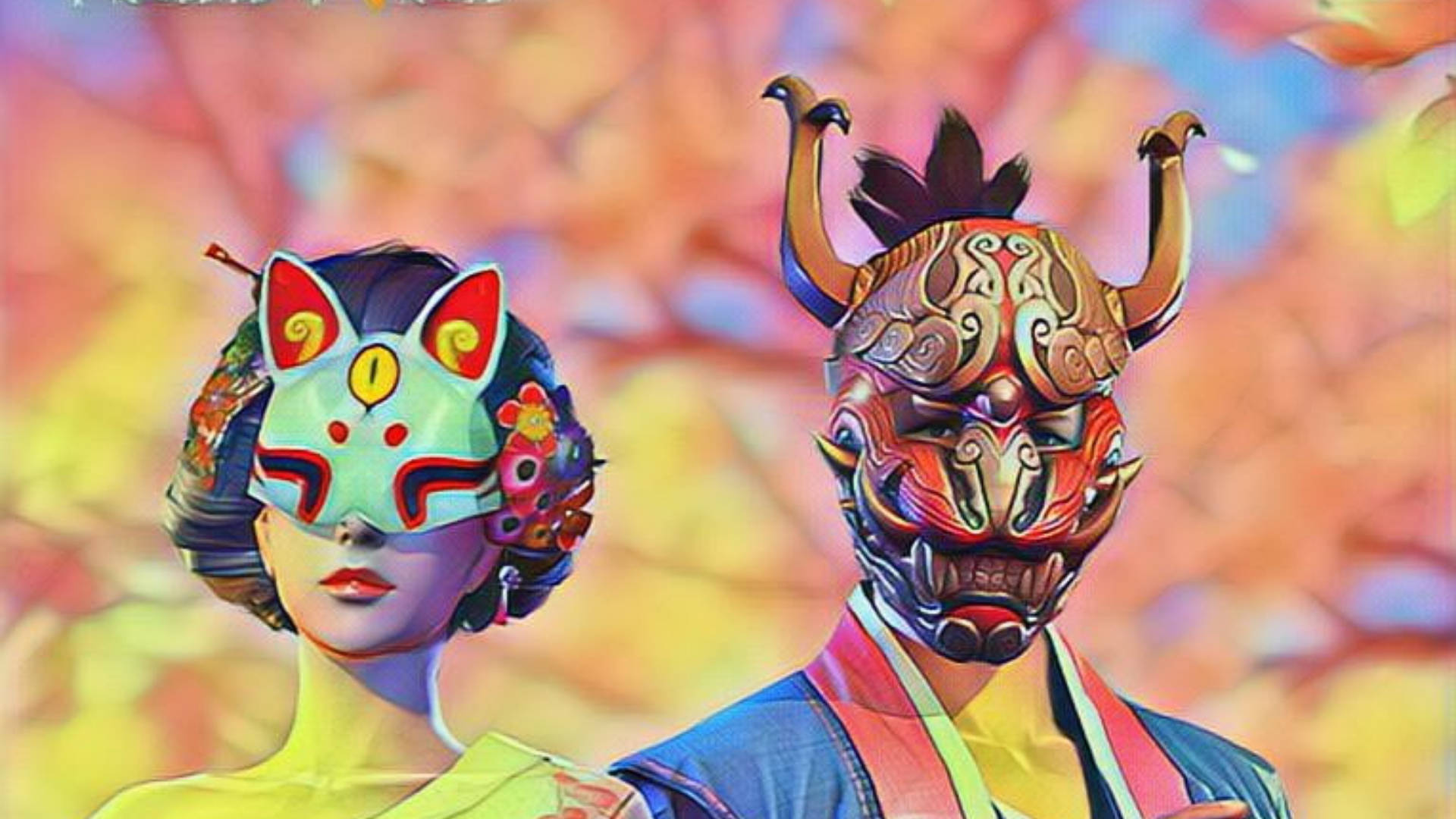 free fire 2021 桌布 壁紙 — 兩個戴著華麗傳統面具的人物站在模糊樹葉的鮮豔秋日背景下。