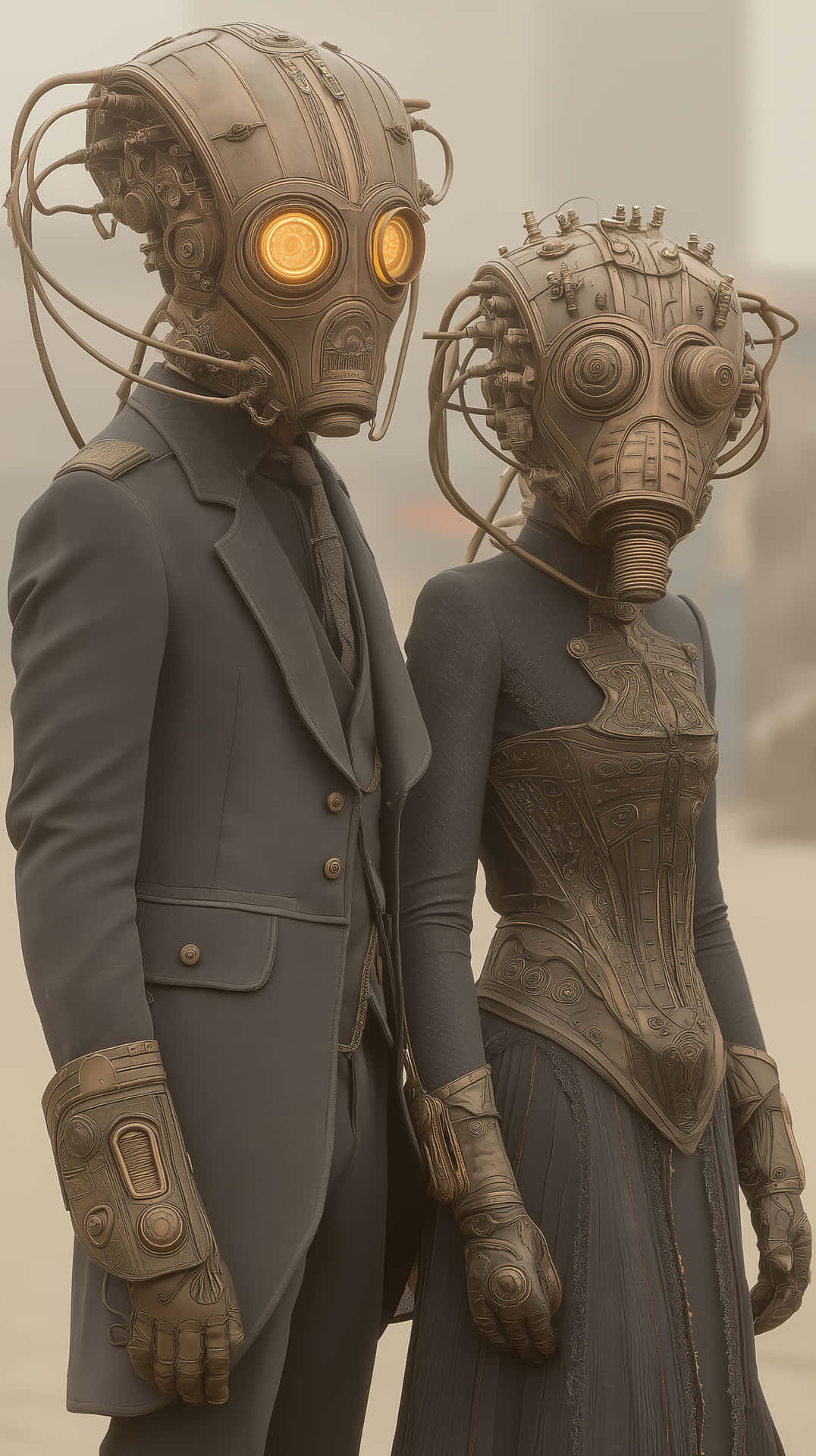 Intricate Steampunk Cyber-Gothic Couple with Ornate Masks 壁紙 — 兩個戴著華麗蒸氣龐克防毒面具、眼睛發出橙色光芒的人形並排站在煙霧瀰漫的工業環境中。