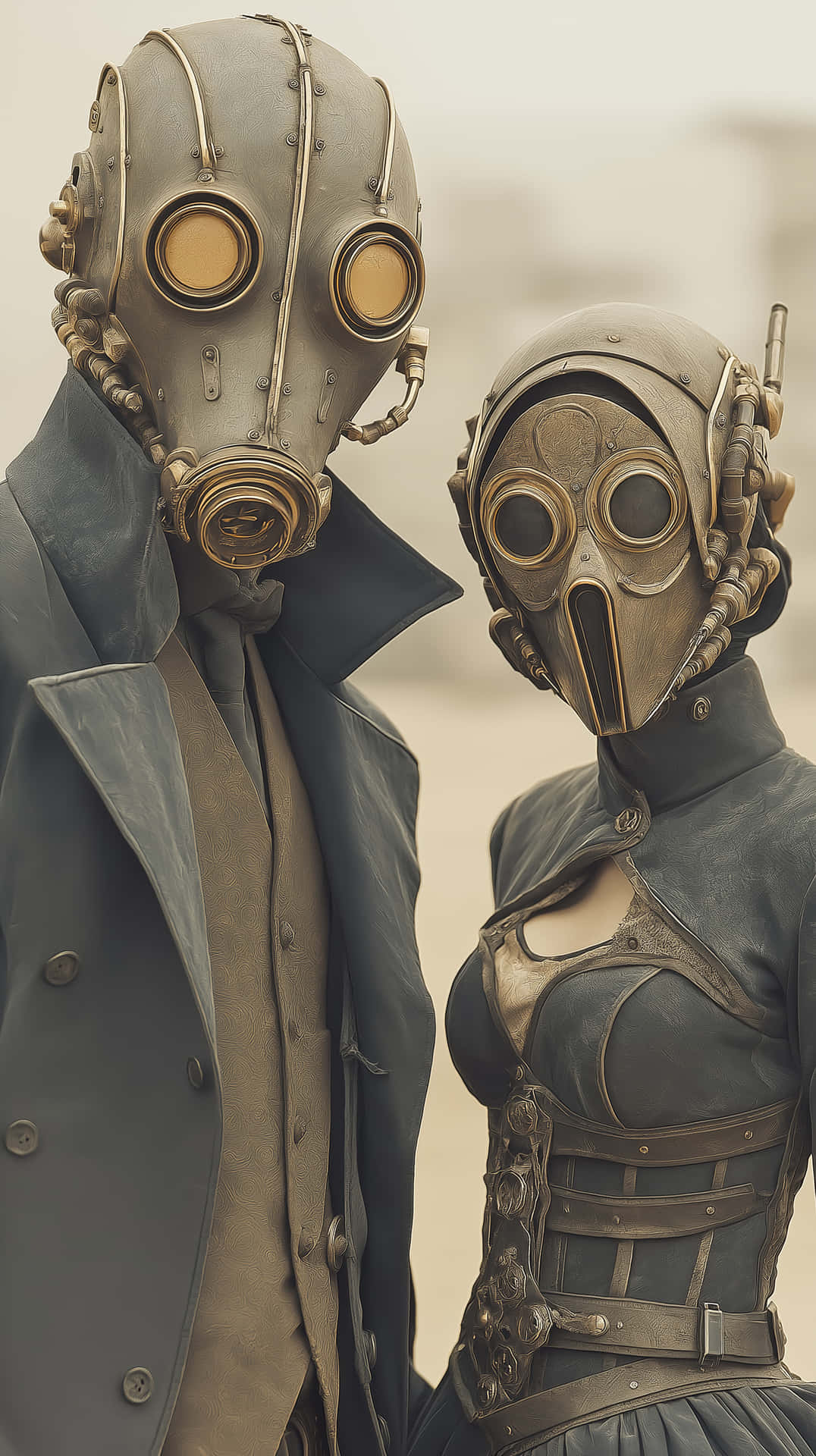 Steampunk Cyber-Gothic Couple in Unique Masks and Attire 壁紙 — 兩個戴著華麗蒸氣龐克防毒面具的人物在朦朧背景前緊密站立。