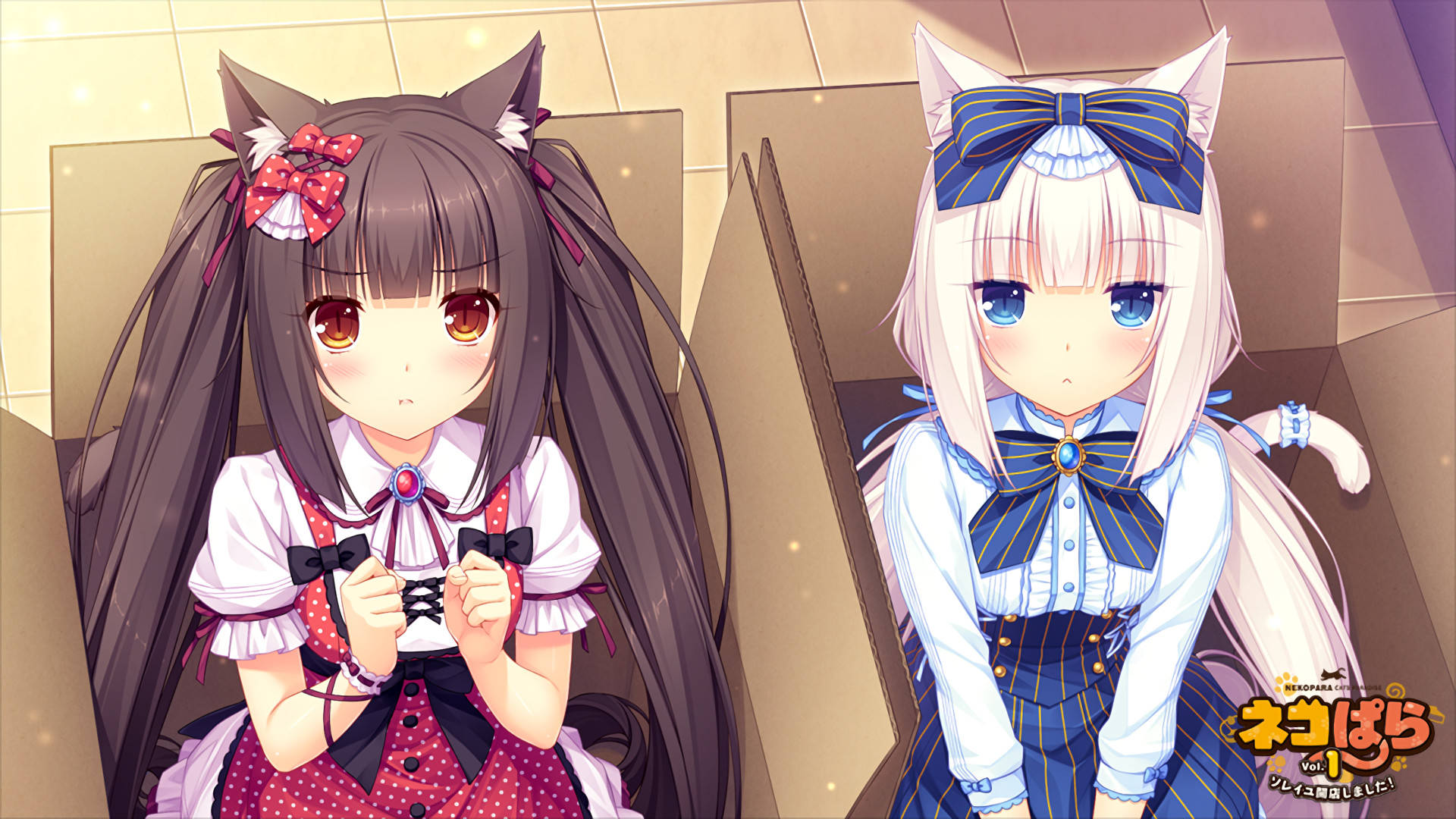 Nekopara 桌布 壁紙 — 兩個戴著貓耳和蝴蝶結的動漫女孩並排坐在一個溫暖明亮的房間裡，周圍有柔和發光的粒子。