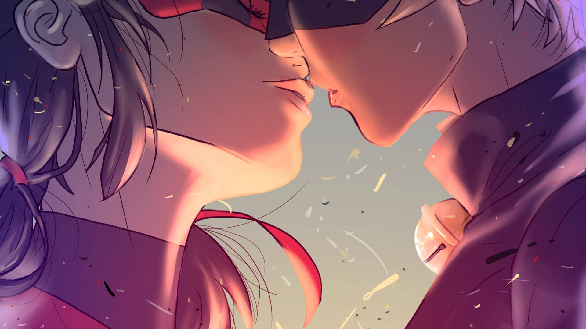 ladybug and cat noir kiss 桌布 壁紙 — 兩個戴著面具的動漫角色在溫暖發光的光線下，在飄落的五彩紙屑中傾身親吻。
