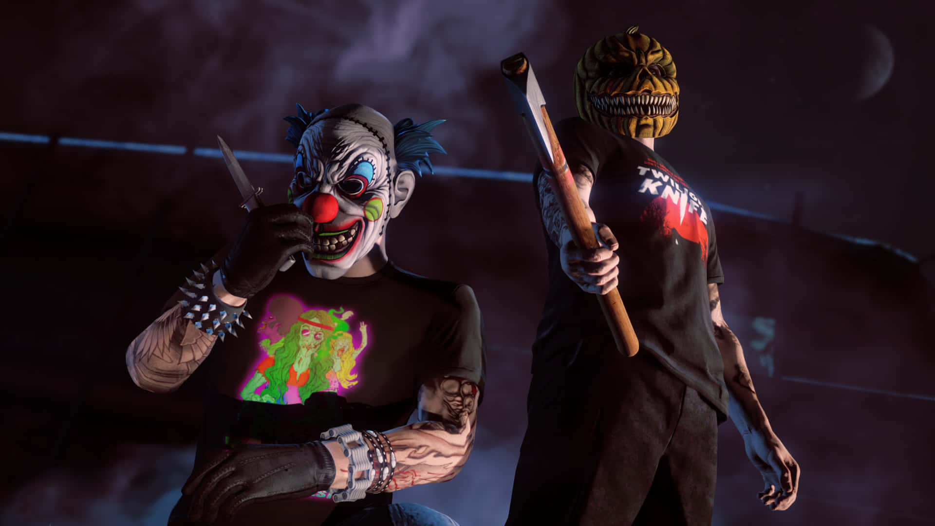 Halloween Games 桌布 壁紙 — 兩個戴著面具的威脅人物，一個化著小丑妝拿著刀，另一個戴著骷髏面具揮舞著斧頭，站在黑暗煙霧瀰漫的環境中。