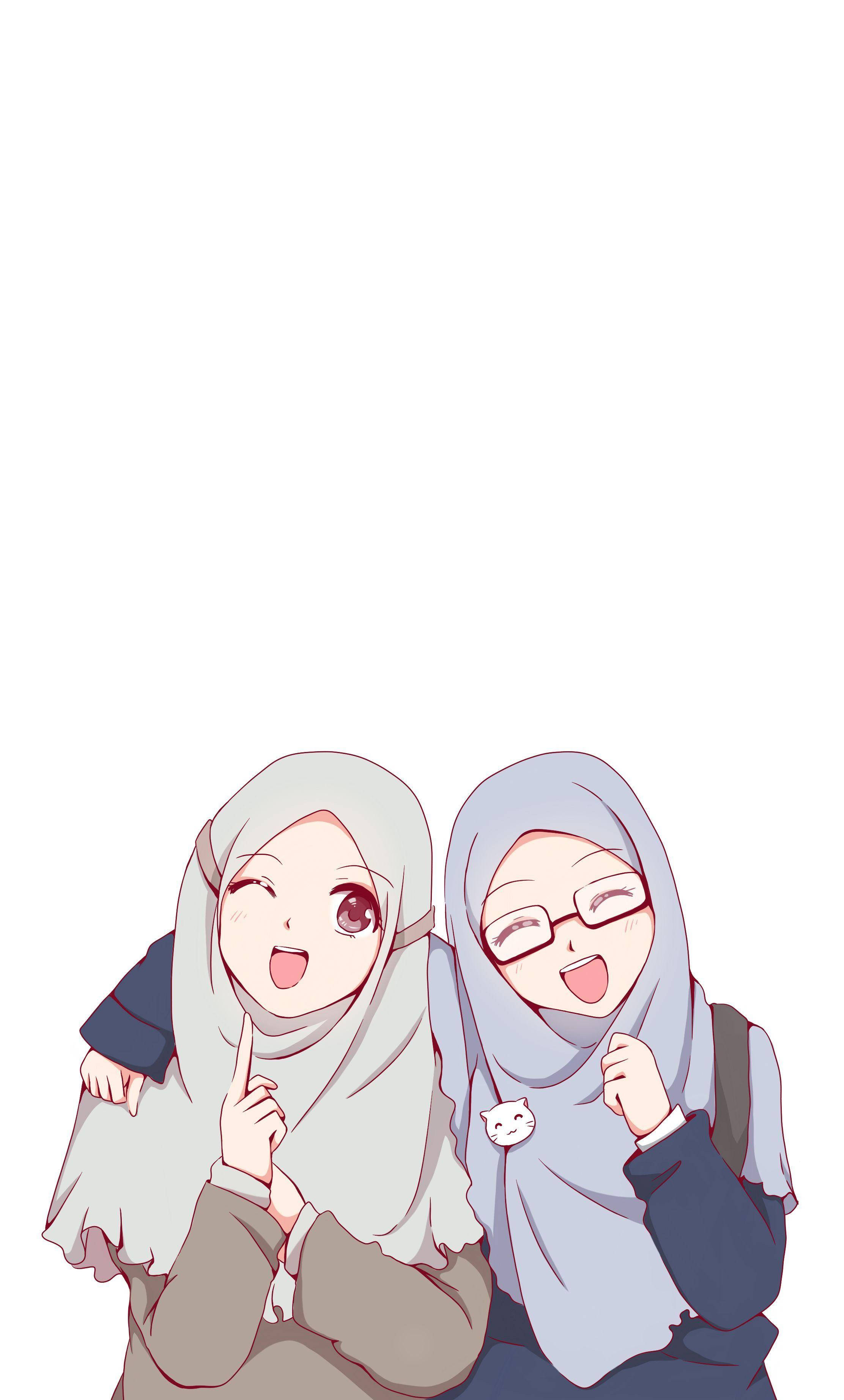 Best Friends Forever 桌布 壁紙 — 兩個戴著頭巾的開朗動畫女孩在純白色背景前擺出俏皮的姿勢，帶著燦爛的笑容和富有表現力的眼睛。
