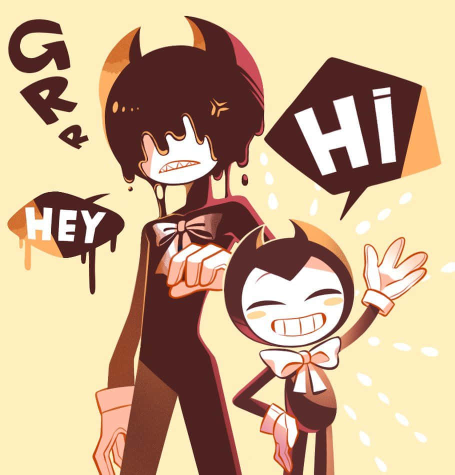 Bendy 桌布 壁紙 — 兩個戴蝴蝶結的卡通魔鬼角色，一個咧嘴開心笑，另一個滴著巧克力並大喊「嗨嘿 gap」。