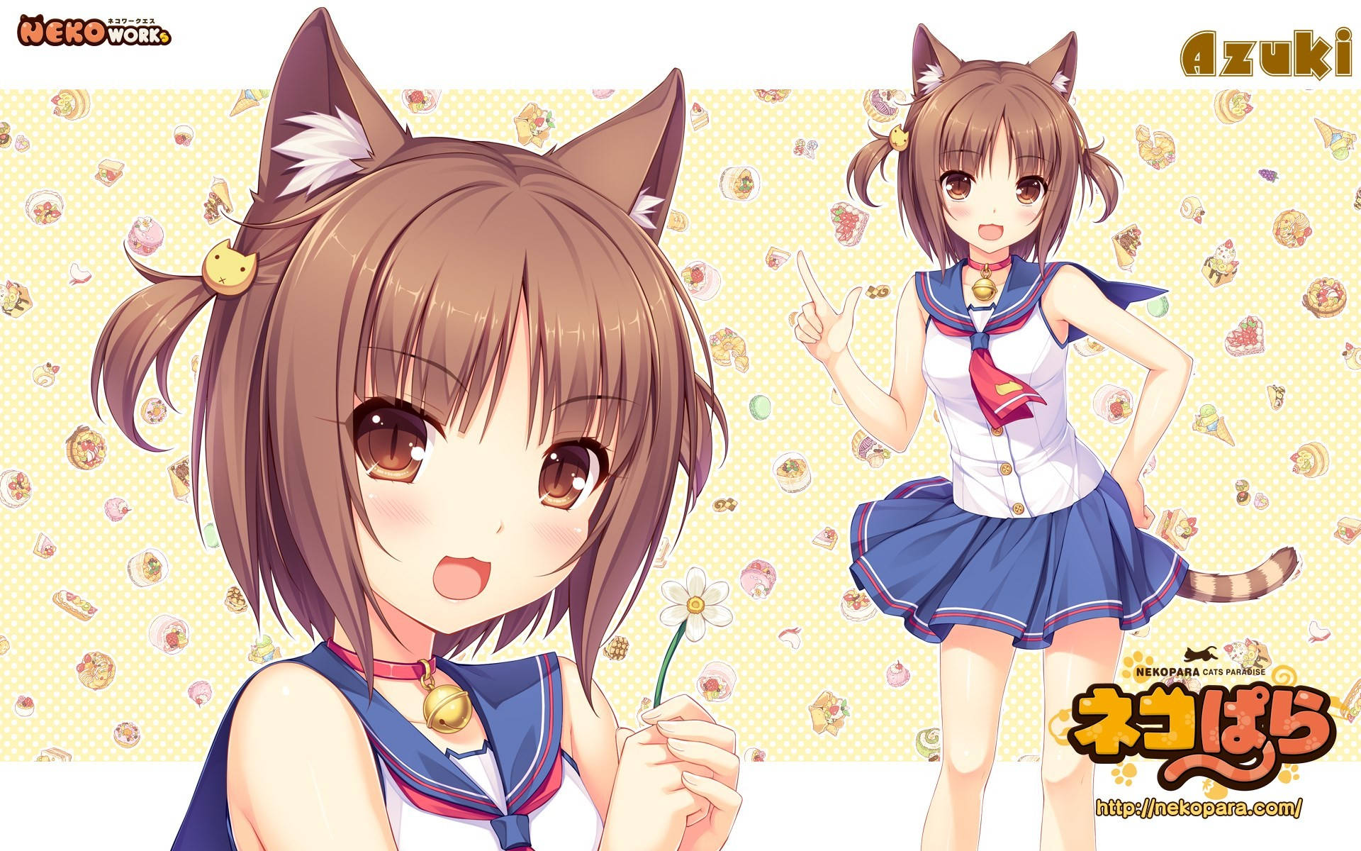 Nekopara 桌布 壁紙 — 兩個戴貓耳、穿水手服的開心動畫女孩在點綴著糖果的淡黃色背景前擺姿勢。
