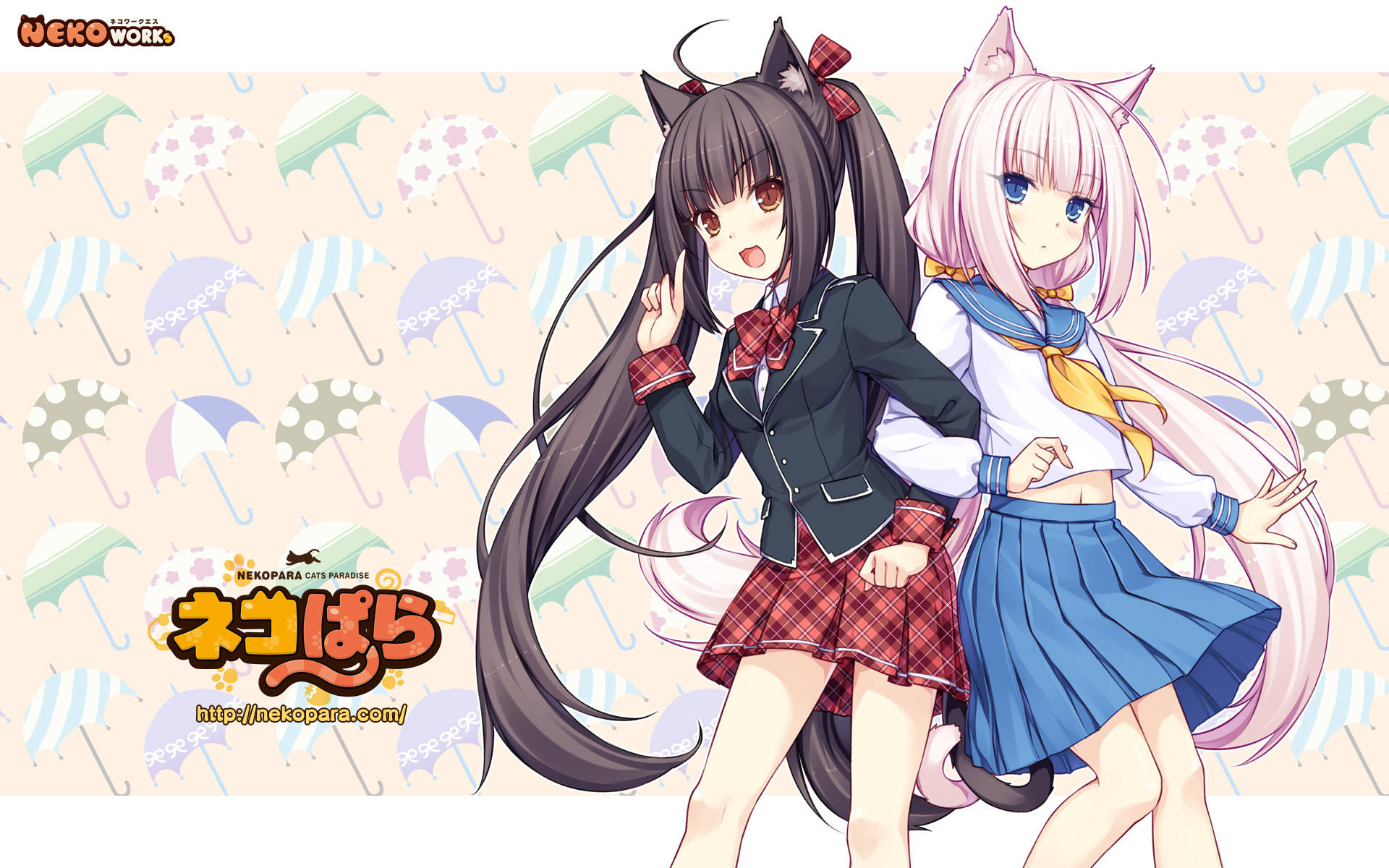 Nekopara 桌布 壁紙 — 兩個戴貓耳的動漫女孩穿著校服，在粉彩色雨傘圖案背景前開心地擺姿勢。
