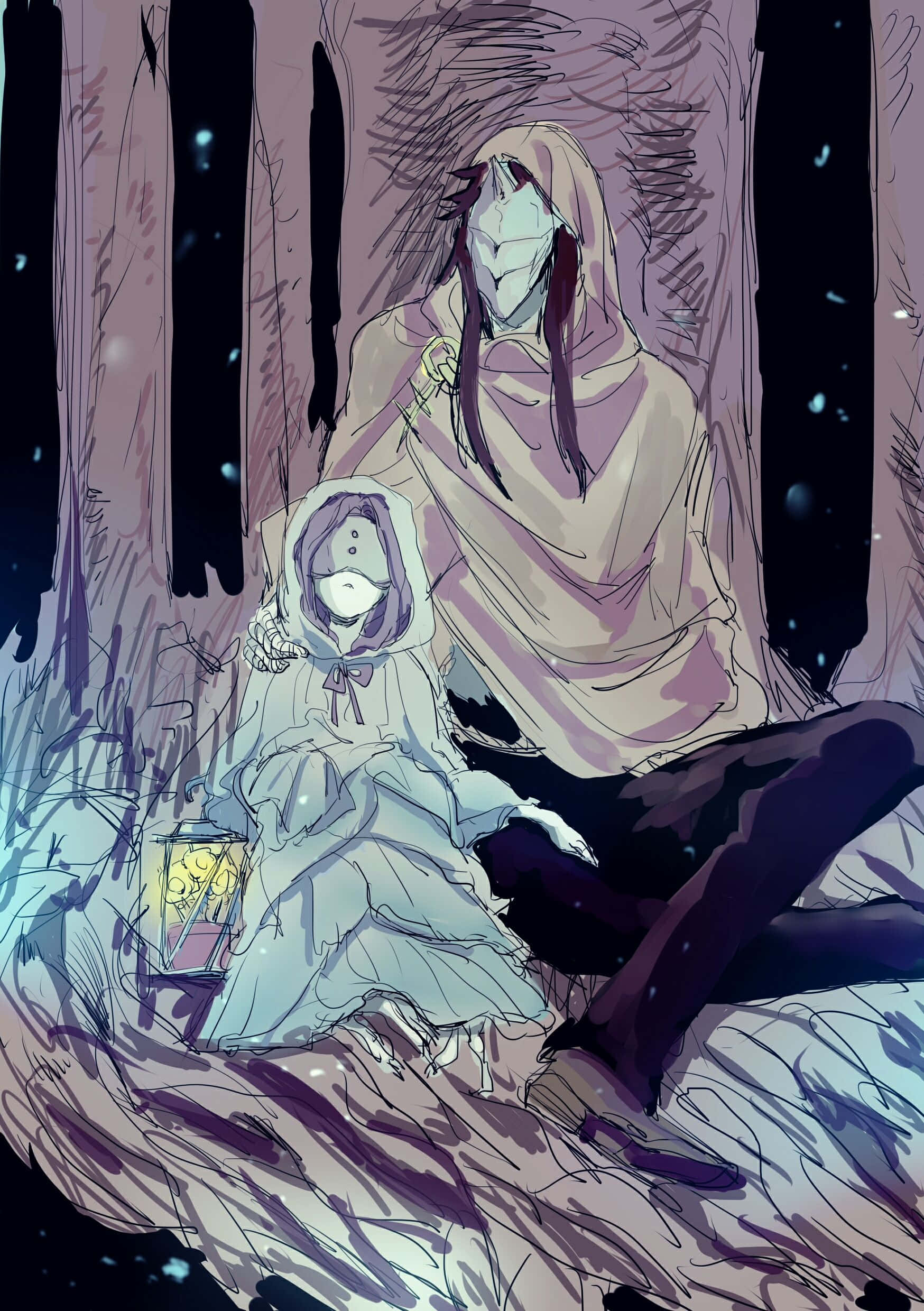 The Promised Neverland Sonju 桌布 壁紙 — 兩個戴面具、穿連帽長袍的人物一起坐在雪地森林中，手持發光的燈籠。