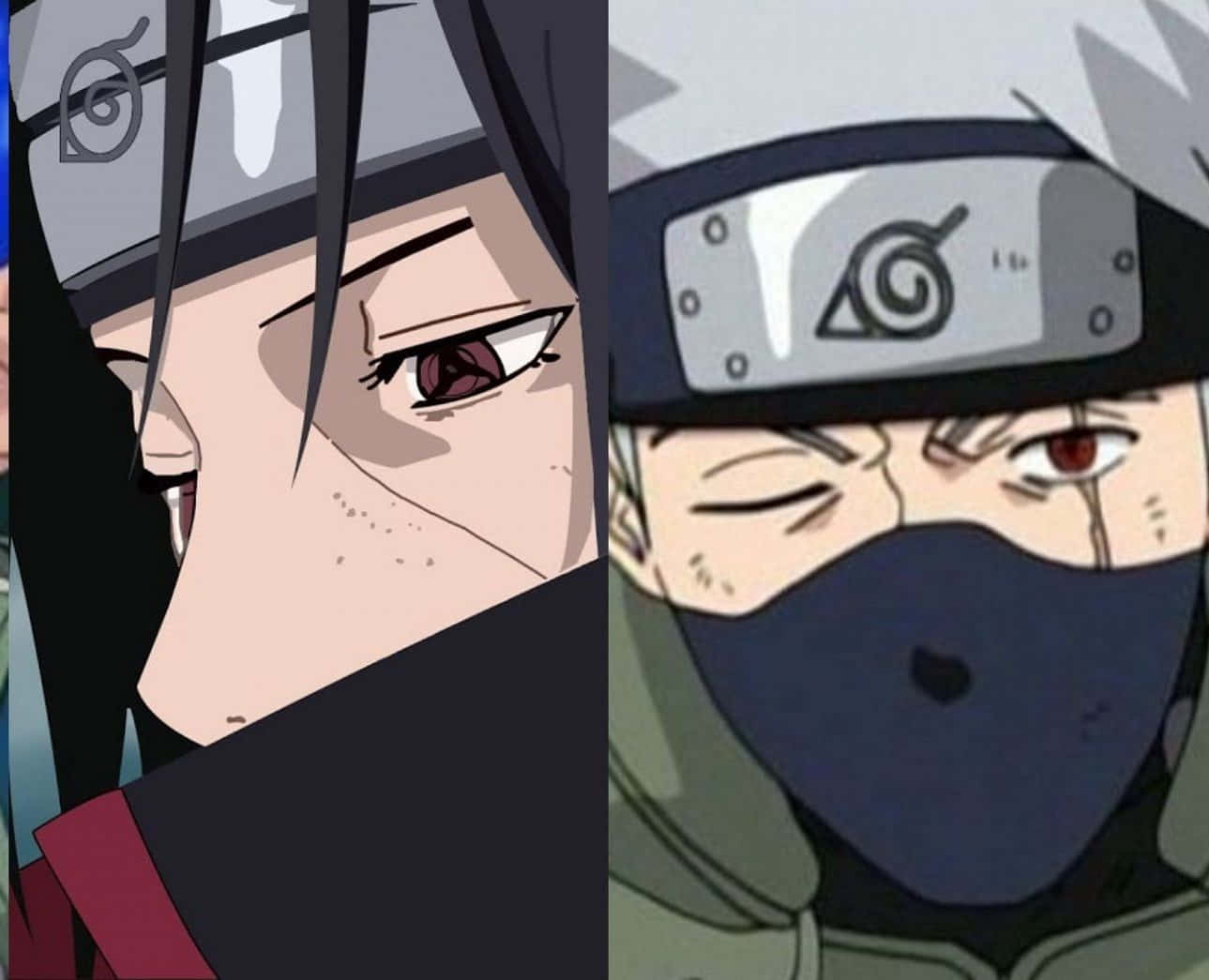 Kakashi And Itachi 桌布 壁紙 — 兩個戴面具、紅眼睛、頭帶上有螺旋標誌的忍者的分割畫面動漫肖像。