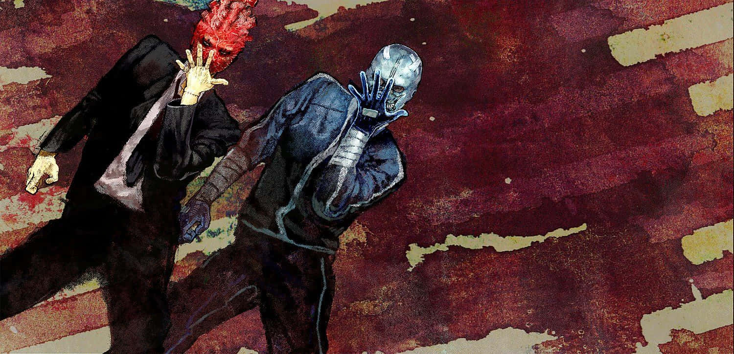 dorohedoro 桌布 壁紙 — 兩個戴面具、身穿深色西裝的人物在帶有紋理的紅色和米色背景上向前邁進。