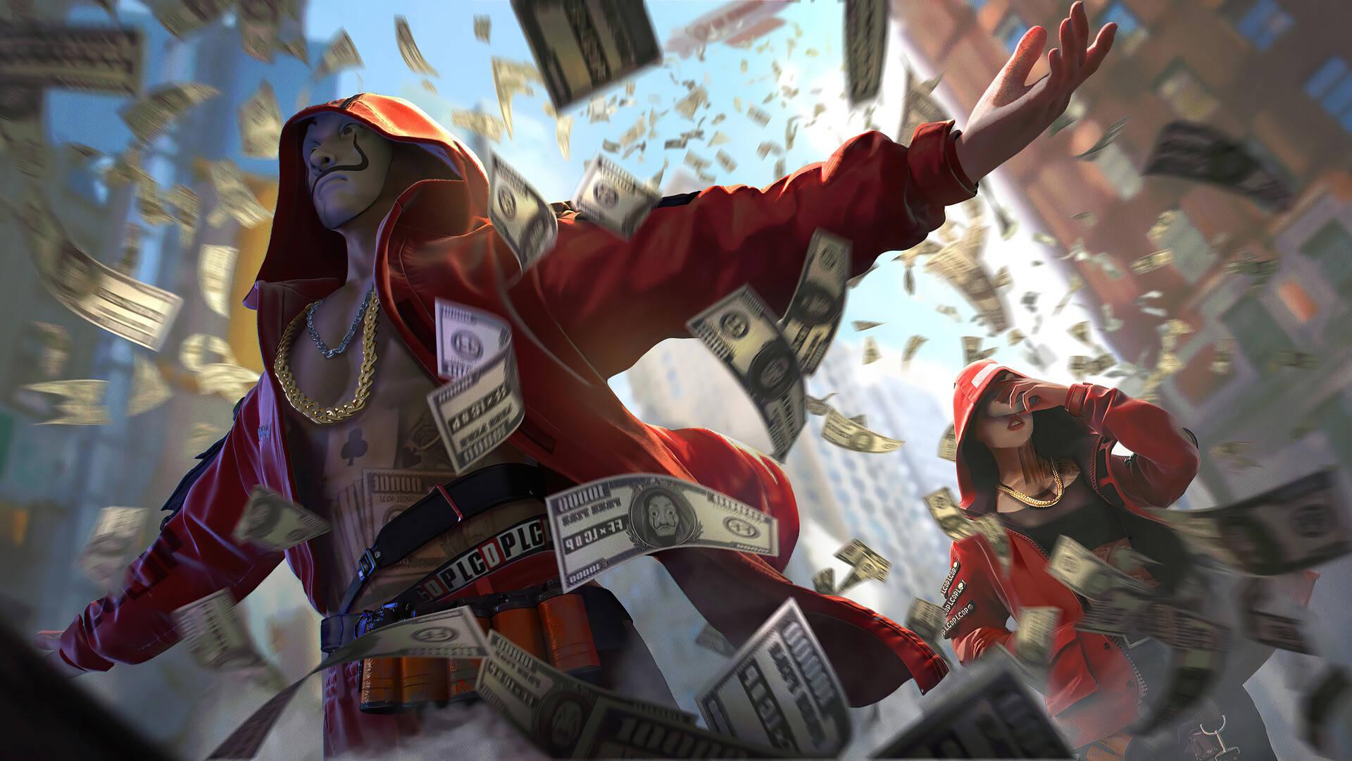 free fire criminal bundle 桌布 壁紙 — 兩個戴面具、身穿紅色連帽衫的人物在模糊的城市背景下向空中撒錢。