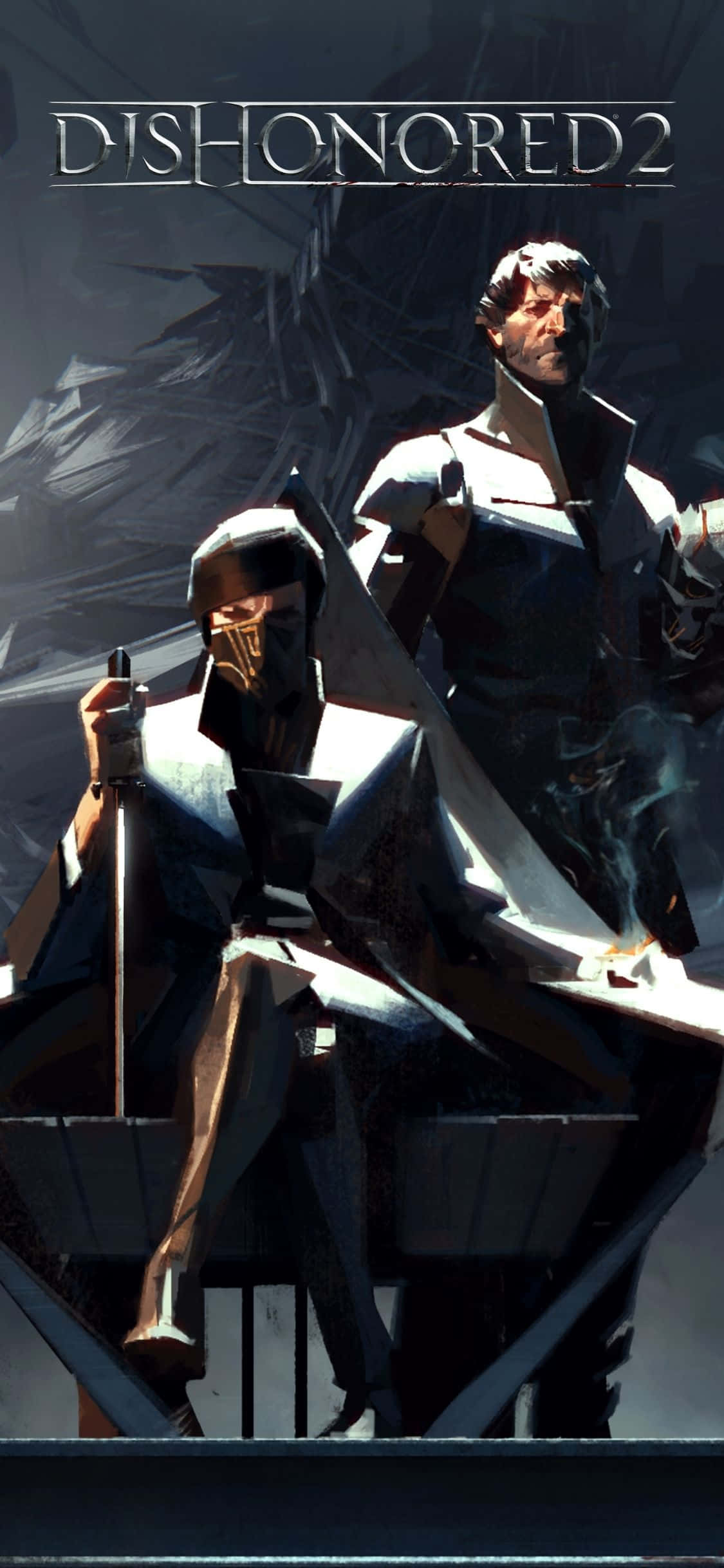 iPhone X Dishonored 2 桌布 壁紙 — 兩個戴面具、身穿黑色斗篷的刺客在風雨交加的天空下，站在一個粗糙城市環境的屋頂上。