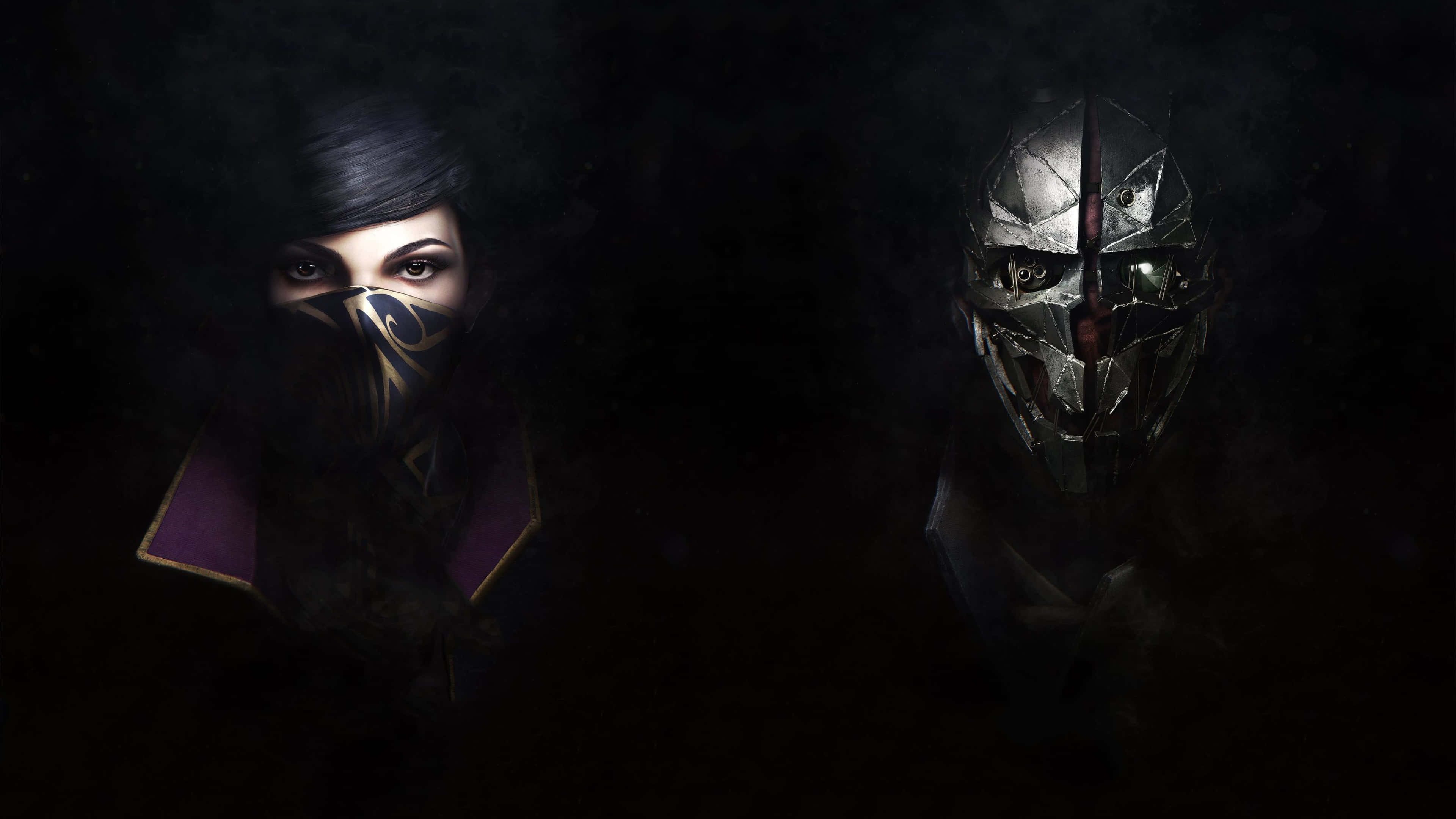Dishonored 2 桌布 壁紙 — 兩個戴面具的人物，一個有紫色領子和華麗面具，另一個戴金屬頭盔，站在陰暗的黑暗中。