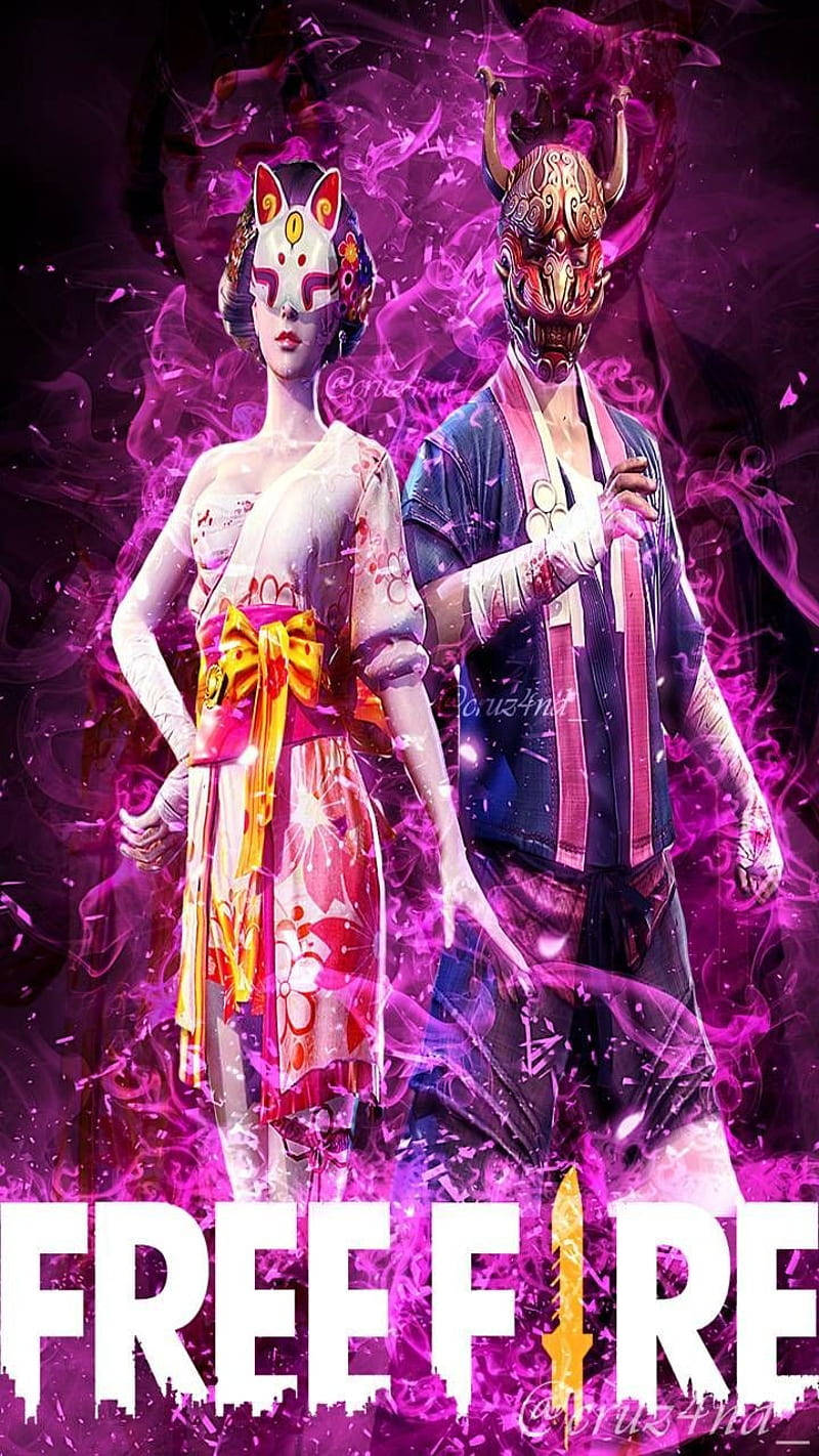 Free Fire Sakura 桌布 壁紙 — 兩個戴面具的人物穿著鮮豔的傳統服飾，站在旋轉的紫色能量中，下方有「FREE FIRE」文字。