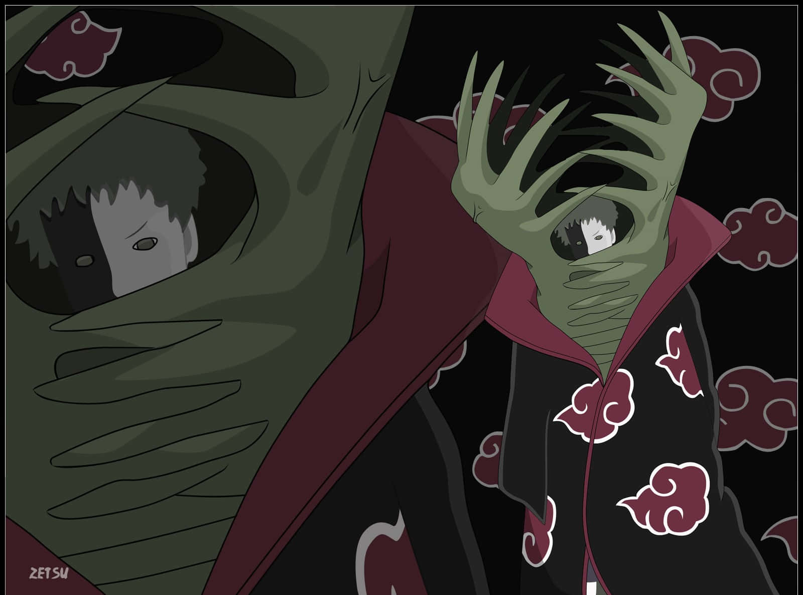 Black Zetsu 桌布 壁紙 — 兩個戴面具的動漫人物穿著帶有紅色雲紋的曉組織斗篷，站在深色背景前。