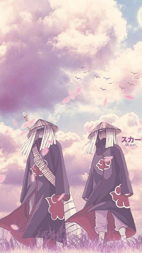 鼬 桌布 壁紙 — 兩個戴面具的動漫人物身穿曉組織斗篷，站在田野中，天空是粉彩色的，有鳥和櫻花。