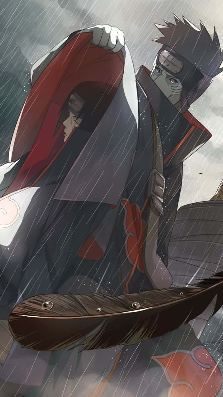 Akatsuki Kisame 桌布 壁紙 — 兩個戴面具的動漫戰士站在傾盆大雨中，一個拿著紅色斗篷，另一個握著一把巨大的羽毛武器。