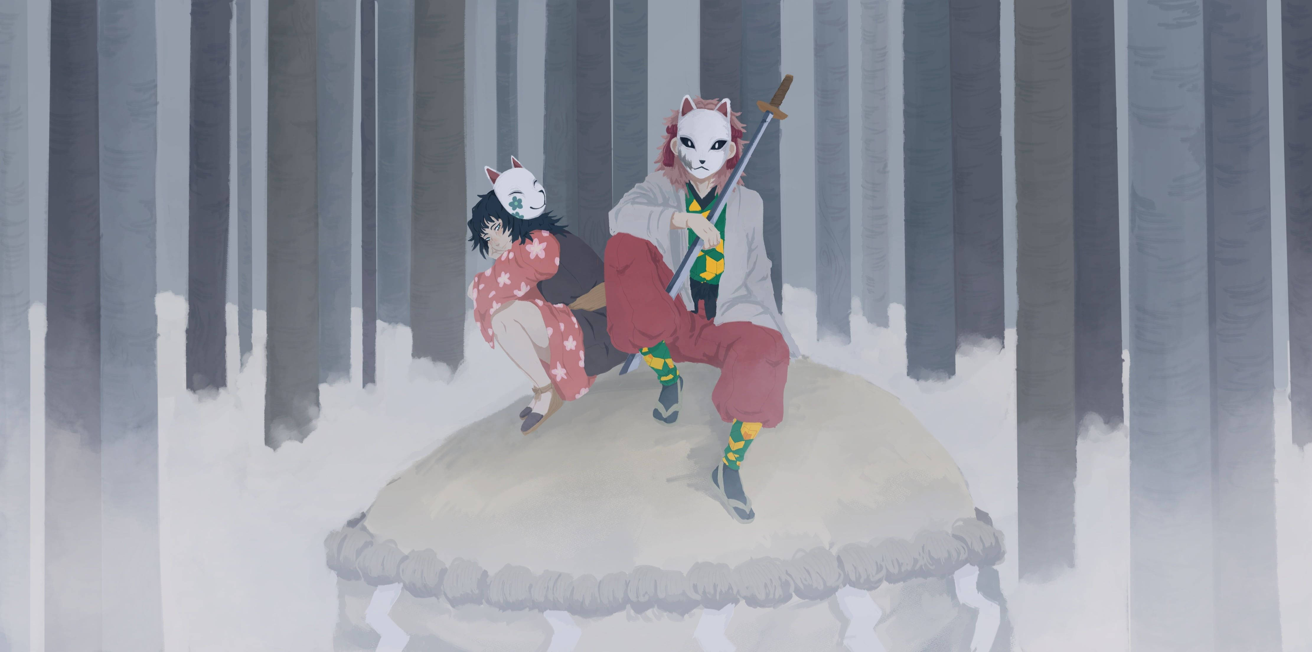 森林 桌布 壁紙 — 兩個戴面具的動漫角色坐在單色森林中一塊積雪岩石上，一個拿著劍，另一個抱著一隻像狐狸的小生物。