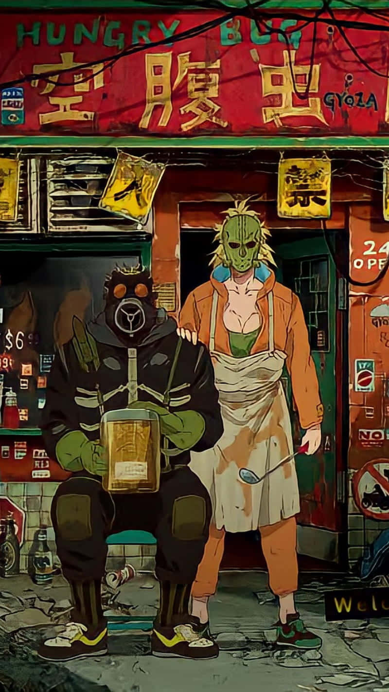 dorohedoro 桌布 壁紙 — 兩個戴面具的動漫角色站在一間充滿塗鴉和破爛招牌、霓虹燈閃爍的拉麵店外。