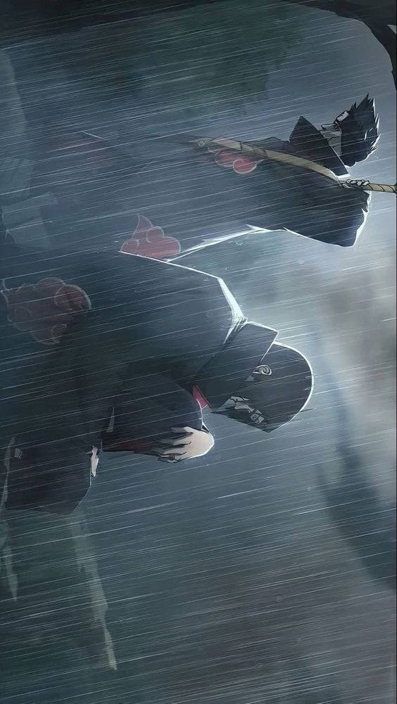 Itachi And Kisame 桌布 壁紙 — 兩個戴面具的忍者，身穿帶有紅雲的黑色斗篷，站在黑暗的屋簷下，冒著大雨。
