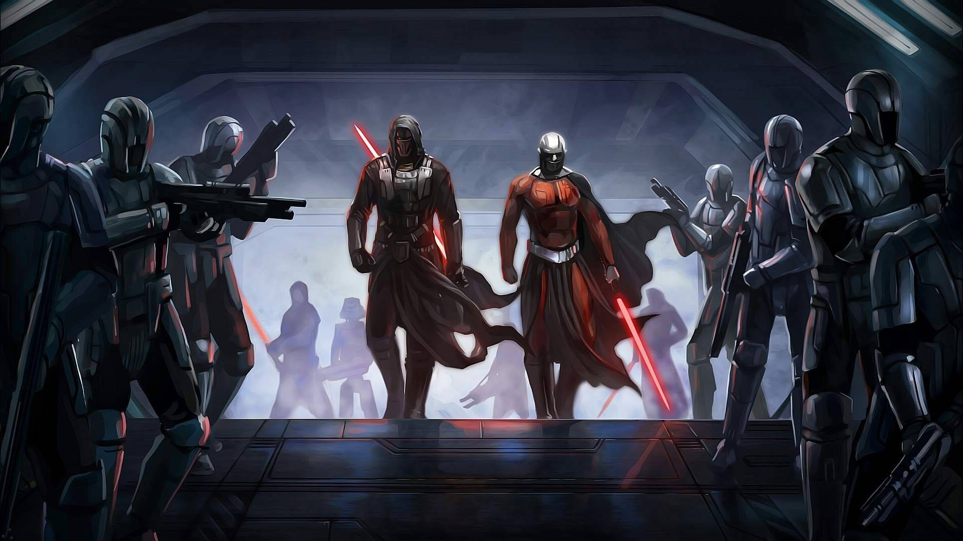 Revan 桌布 壁紙 — 兩個戴頭巾的人物手持紅色光劍，站在昏暗的未來房間中央，兩側是裝甲士兵。