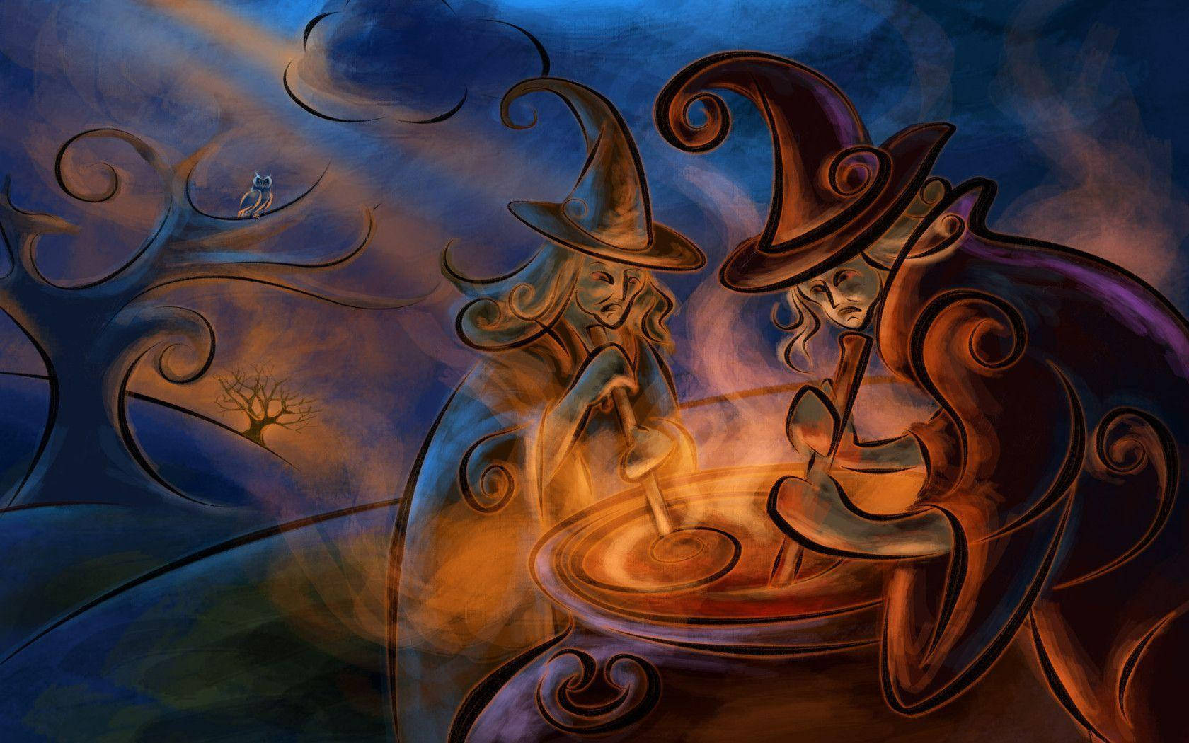 witchcraft 桌布 壁紙 — 兩個戴高帽的女巫在旋轉的黑暗天空下攪拌一個冒泡的大鍋，一隻孤獨的貓頭鷹棲息在光禿禿的樹上。