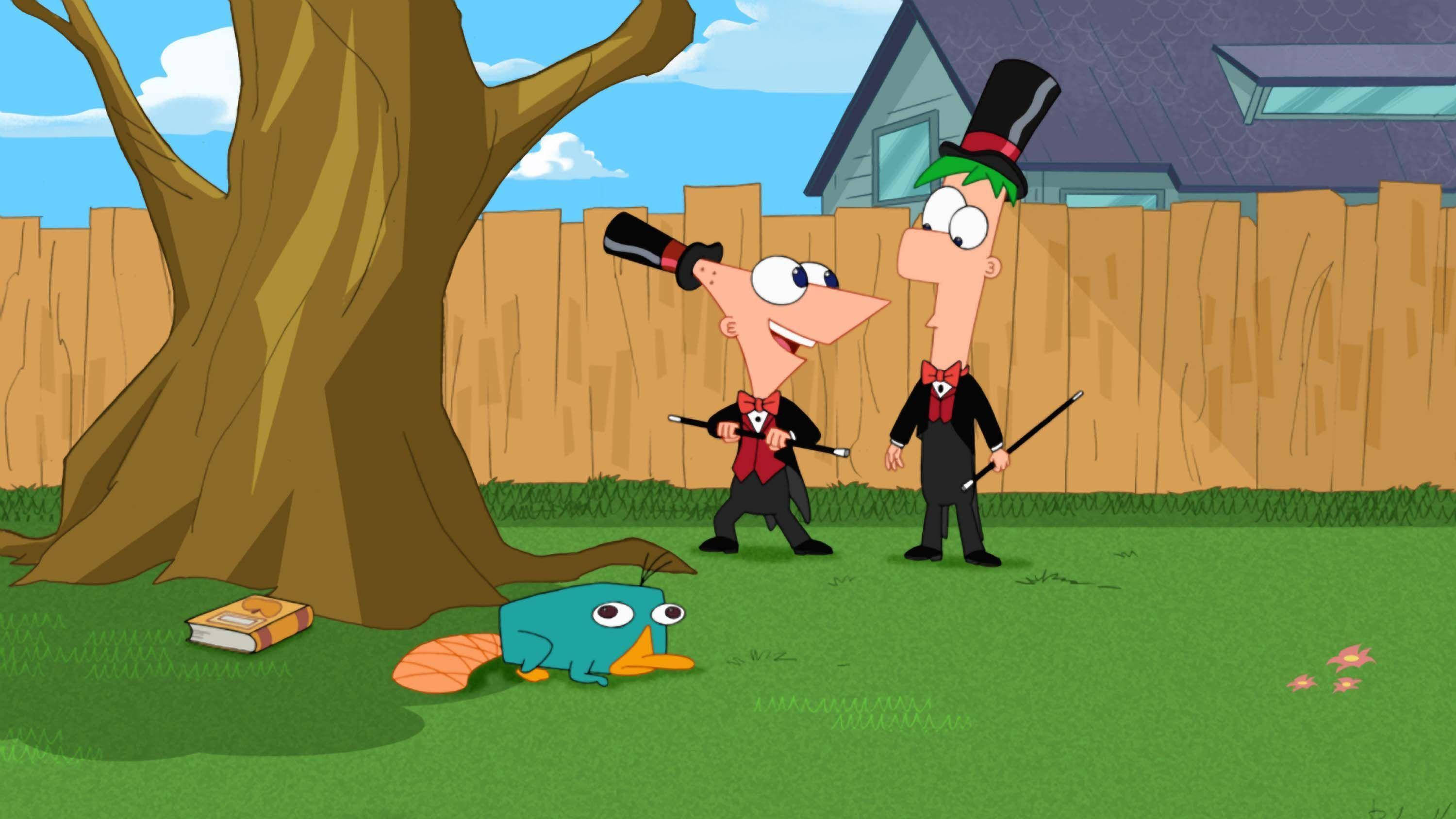 Ferb 桌布 壁紙 — 兩個戴高帽穿燕尾服的男孩站在後院，有一隻藍色鴨嘴獸和一棵樹。