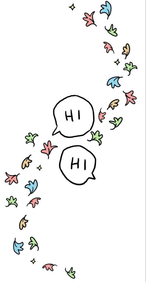 Hi 桌布 壁紙 — 兩個手繪對話框帶有「HI」文字，彩色秋葉沿對角線散落在白色背景上。