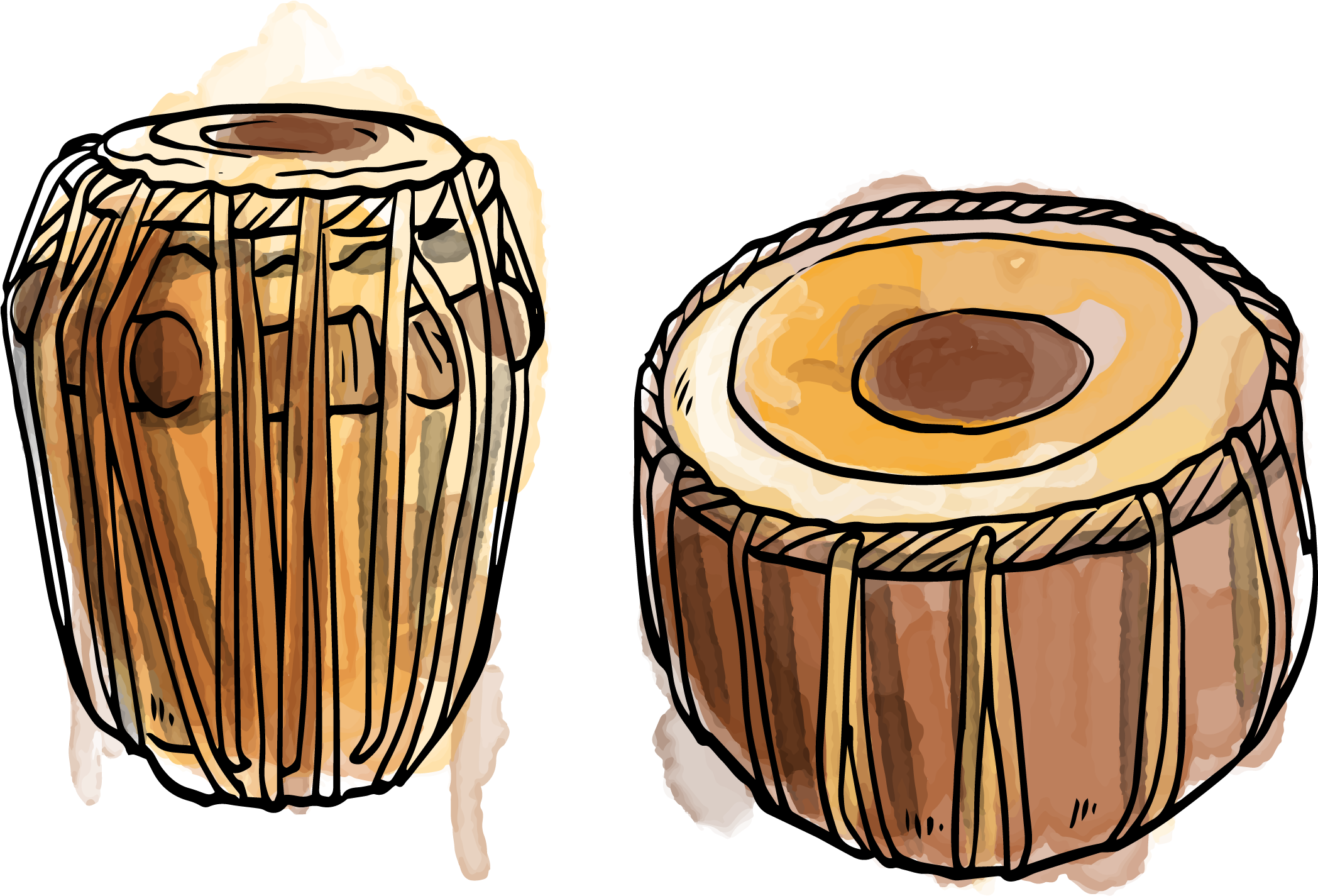 Music Instruments 桌布 壁紙 — 兩個手繪的塔布拉鼓，帶有溫暖的木色調和繩索繫帶，襯托在純黑色背景上。