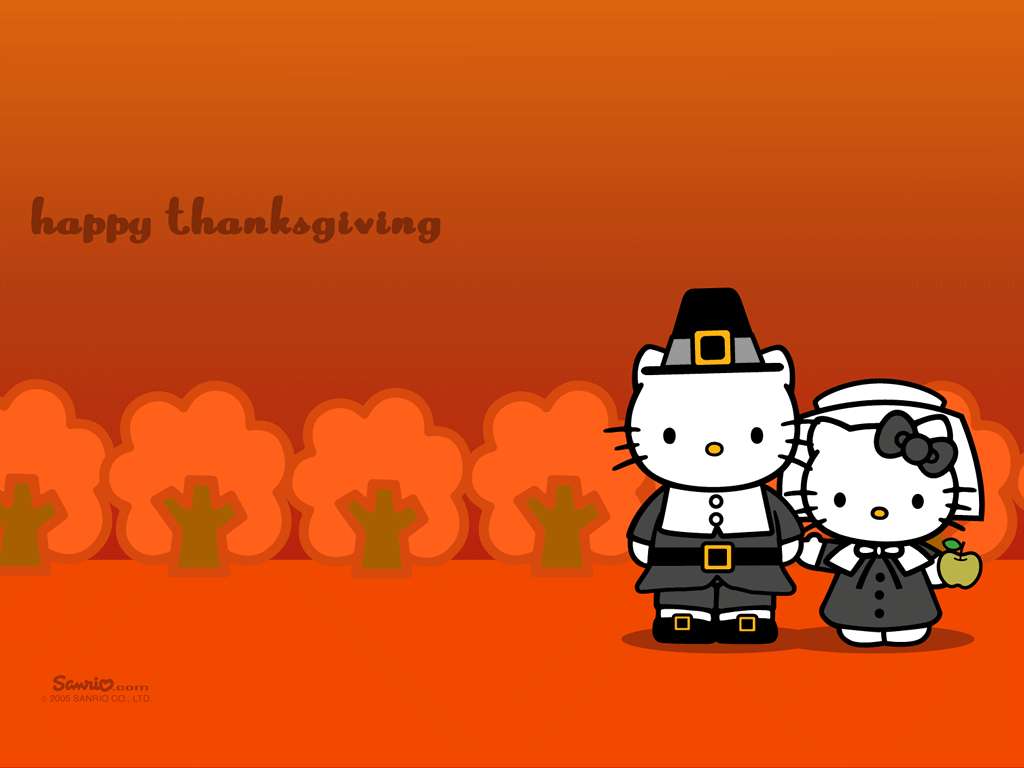 Hello Kitty Thanksgiving 桌布 壁紙 — 兩個打扮成朝聖者的Hello Kitty角色站在風格化的秋樹前，背景是溫暖的橙色漸變。