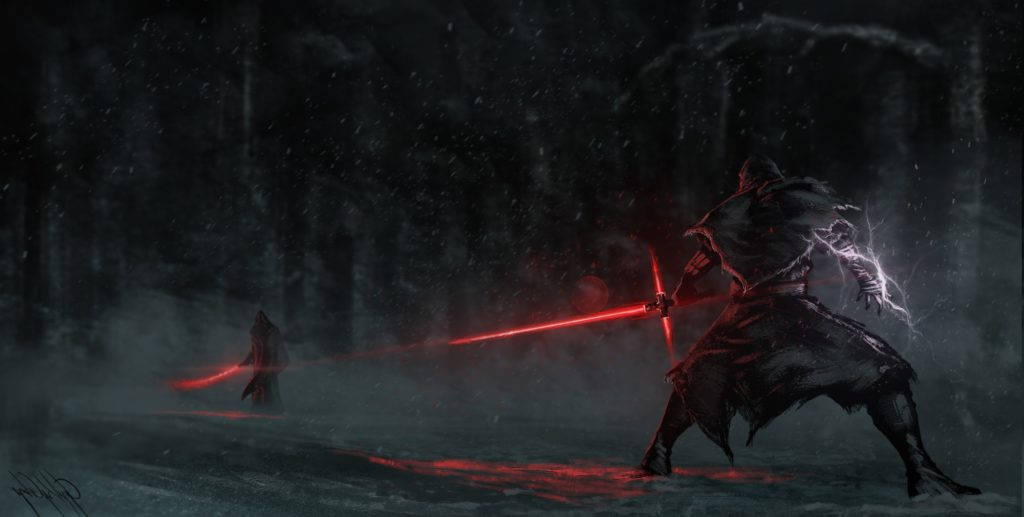 Star Wars Red 桌布 壁紙 — 兩個披著斗篷的戰士在雪地森林中交鋒，發光的紅色光劍在飄落的雪上投下詭異的光芒。