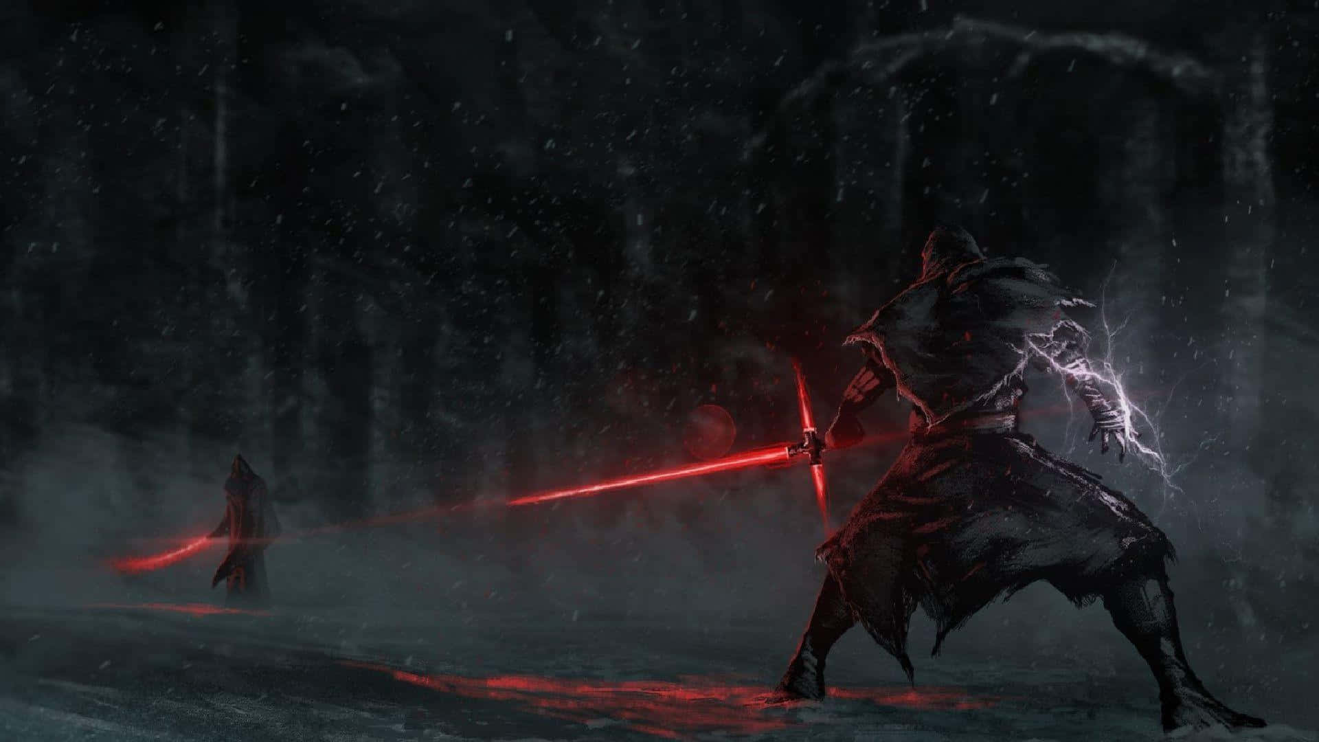 Sith Lord 桌布 壁紙 — 兩個披著斗篷的戰士在雪地森林中交鋒，發光的紅色光劍在冰凍的地面上投射出詭異的光芒。