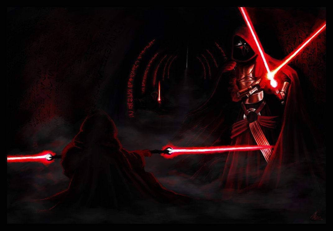 Sith 桌布 壁紙 — 兩個披著斗篷的身影在一個黑暗霧氣瀰漫、刻有古老銘文的房間裡，用發光的紅色光劍決鬥。