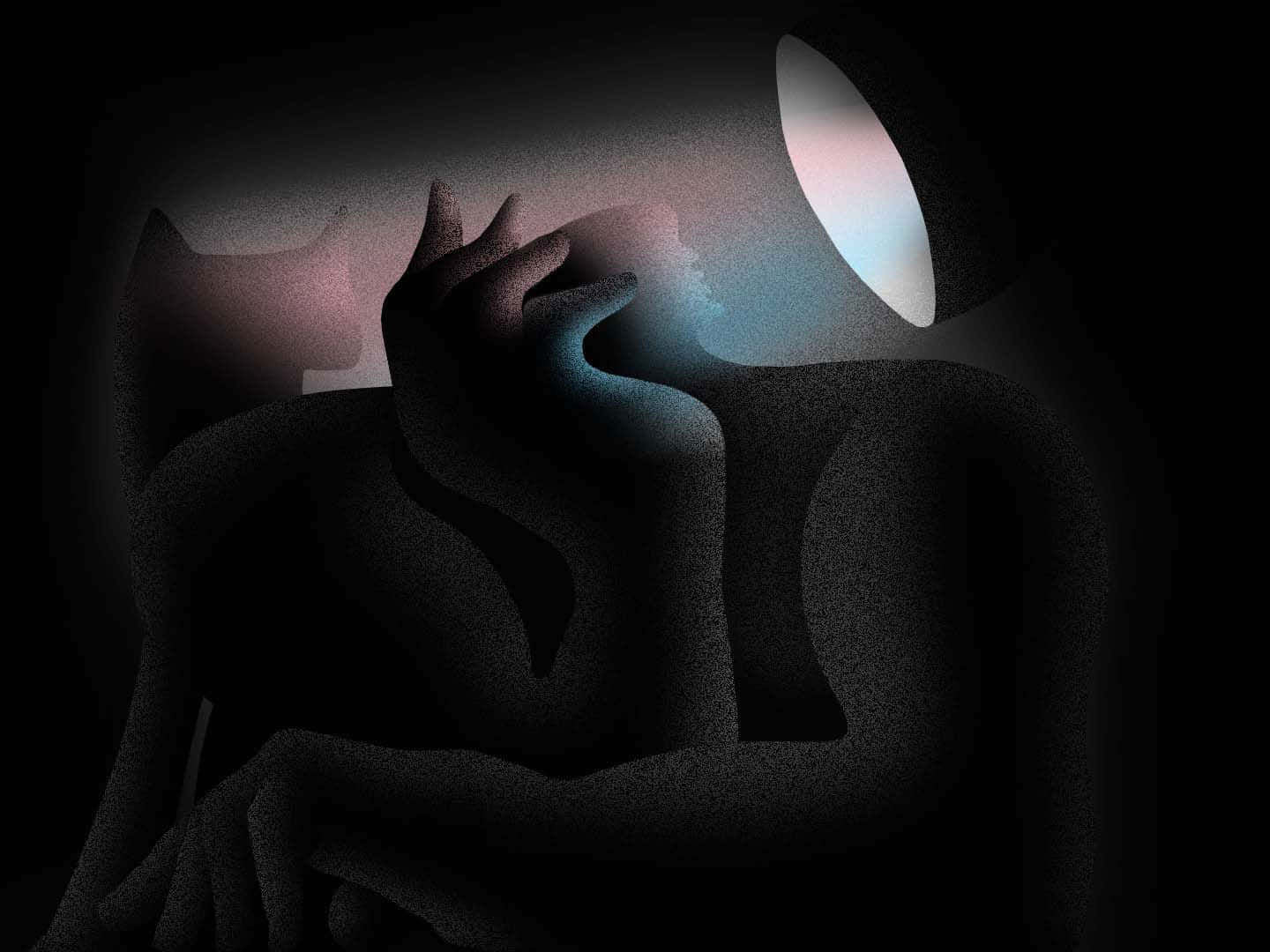 transgender 桌布 壁紙 — 兩個抽象的人形在黑暗中擁抱，被上方柔和的粉紅色和藍色光芒照亮。