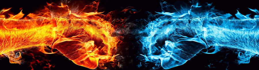 Red And Blue Fire 桌布 壁紙 — 兩個拳頭在黑色虛空中以熾熱橙色和冰冷藍色能量碰撞。
