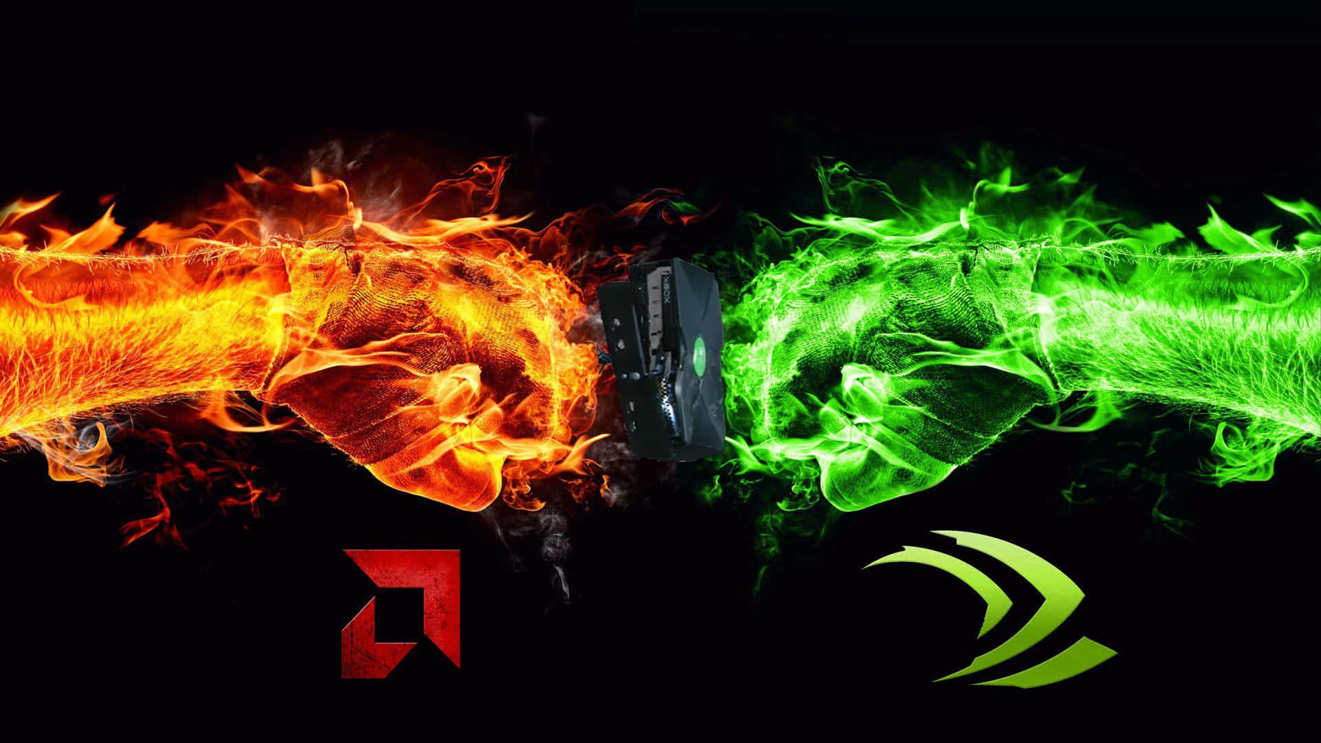 AMD 桌布 壁紙 — 兩個拳頭被熾熱的橙色和電光綠色能量包圍，在黑色背景上圍繞中央顯示卡戲劇性地碰撞。