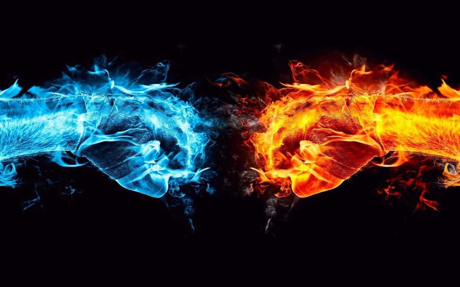 Flame 桌布 壁紙 — 兩個拳頭被藍色冰和橙色火焰吞噬，在黑色虛空中碰撞，產生爆炸性能量。