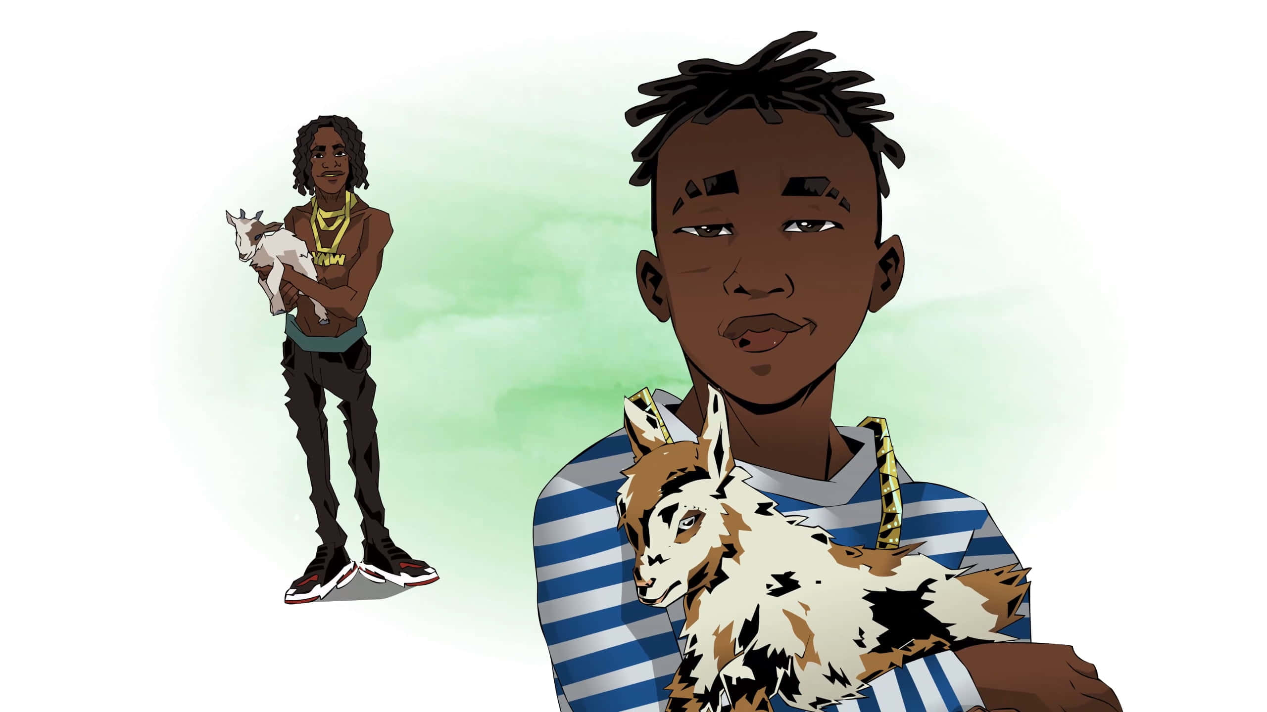 Ynw Melly Cartoon 桌布 壁紙 — 兩個插圖中的年輕男子留著辮子，在柔和的綠色漸變背景前抱著小山羊。